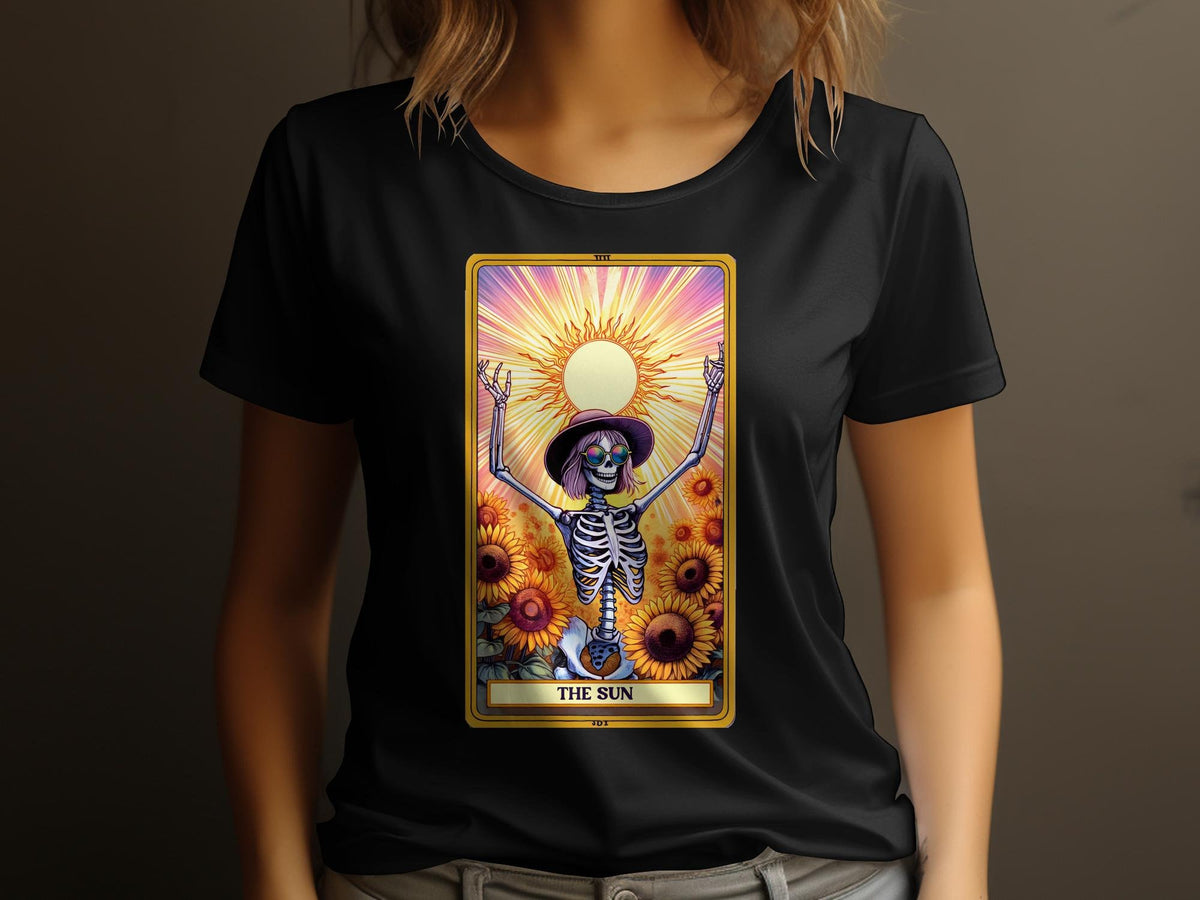 The Sun Tarot Card TShirt Skeleton with Sunflowers Graphic Tee Womens Tarot Shirt Vintage Boho Style Top Graphic Tee – Fan Favorite · Great Gift For Fans