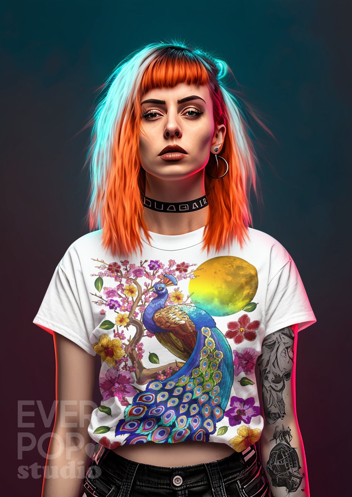 Peacock Sakura Shirt Animal Bird T Shirt Feather Graphic Tee Cherry Blossom Print Moon Floral Tshirt Flower Garden Woodland clothing Graphic Tee – Easygoing Wear · Perfect For Daily Wear