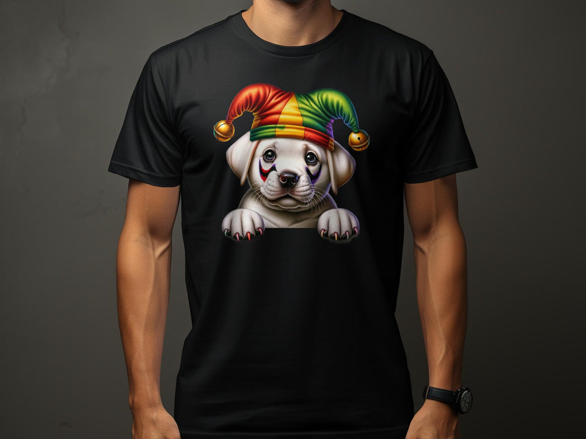 Cute Labrador Retriever Dog Pup in Jester Hat TShirt Colorful Harlequin Cap Pet Lover Gift Unisex TShirt for All Ages Graphic Tee – Soft Feel · Trending Graphic Apparel