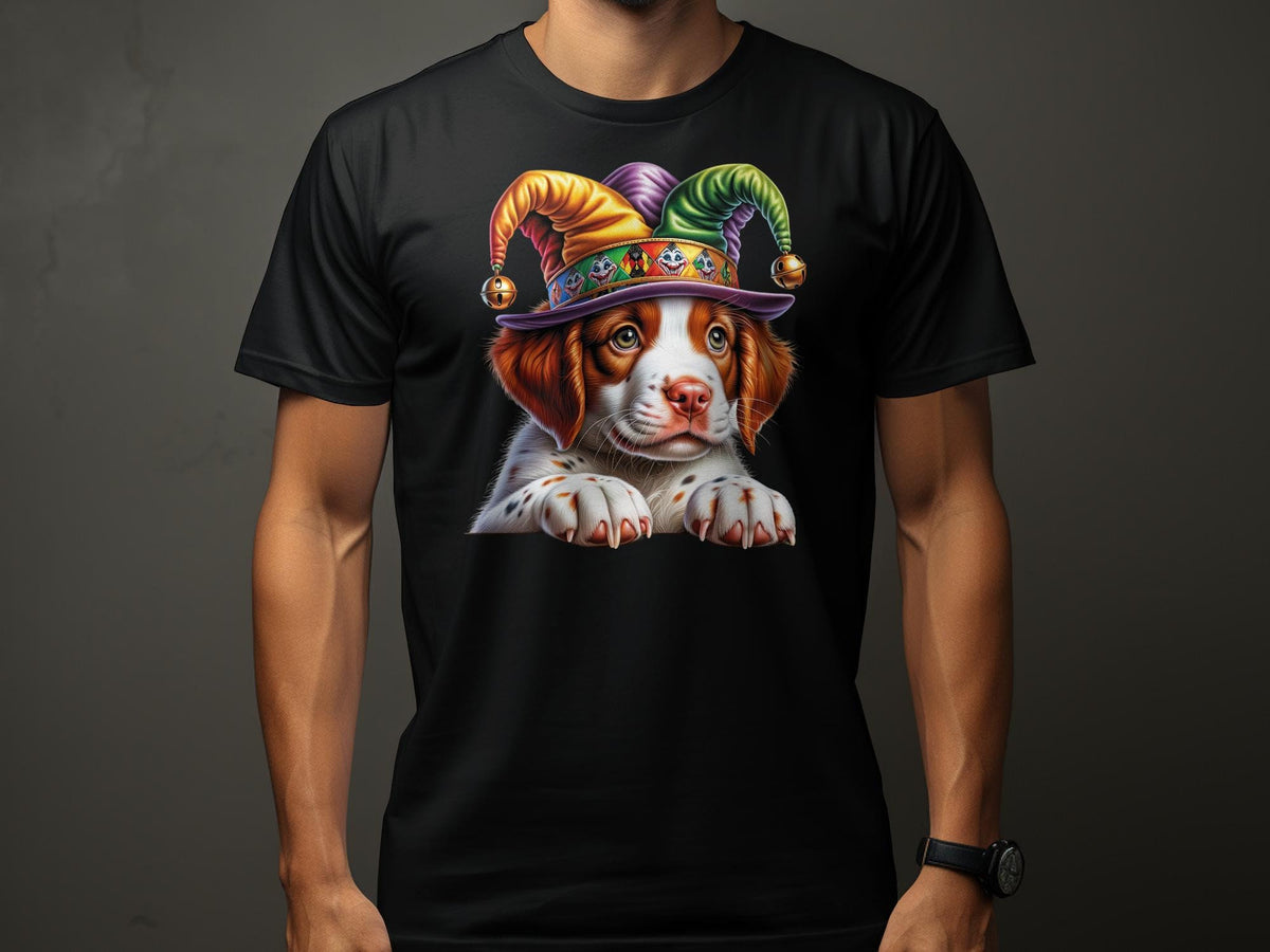 Brittany Dog Pup in Jester Hat TShirt Cute Puppy Graphic Tee Colorful Jester Cap Pet Lover Gift Unisex Tee Graphic Tee – Warm & Stylish · High-Quality Print