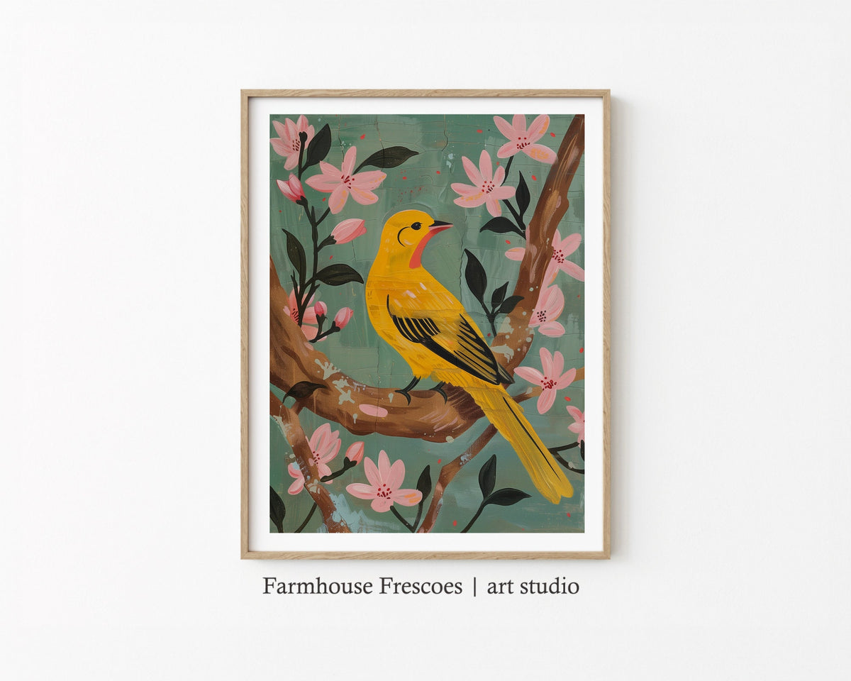 Folk Art Bird Painting Printable Bird Art Bird Decor Gift For Bird Lover Yellow Bird Printable Wall Art Boho Aesthetic Bird Decor Graphic Tee – Feel-Good Design · Great Gift For Fans