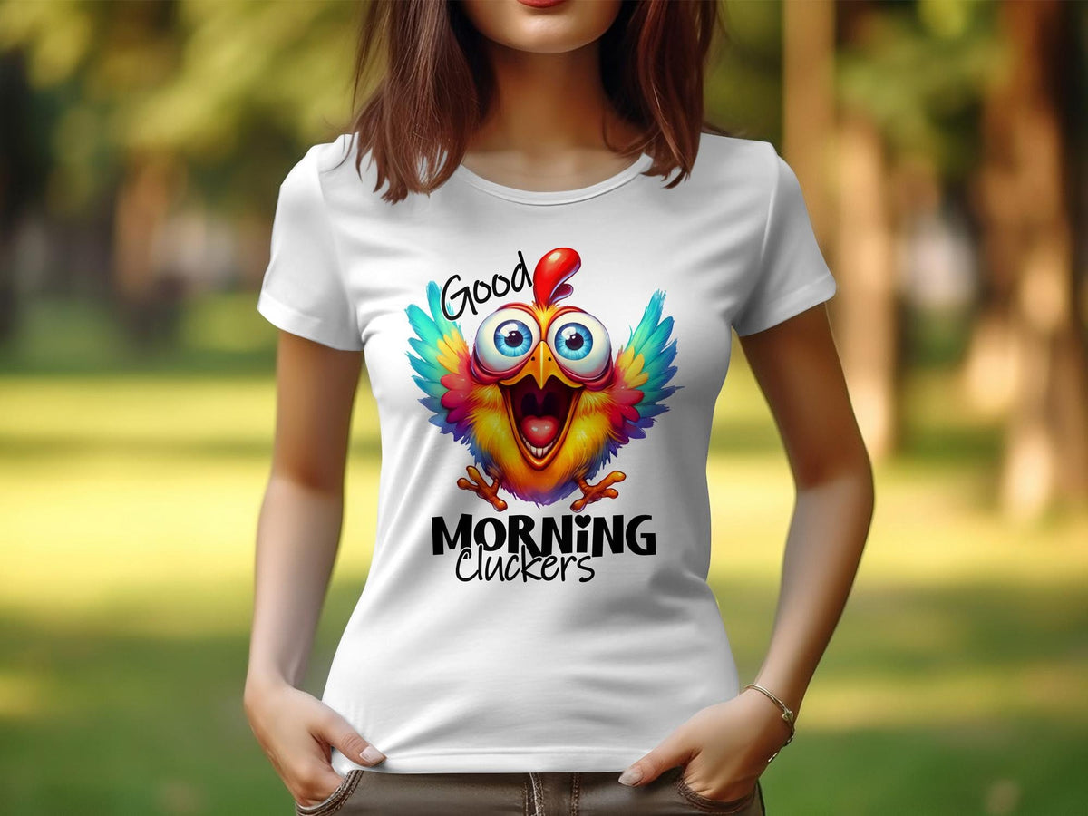 Women39s Sarcastic TShirt Colorful Cartoon Chicken Good Morning Cluckers Funny Animal Graphic Tee Bright Casual Top Graphic Tee – Easygoing Wear · High-Quality Print