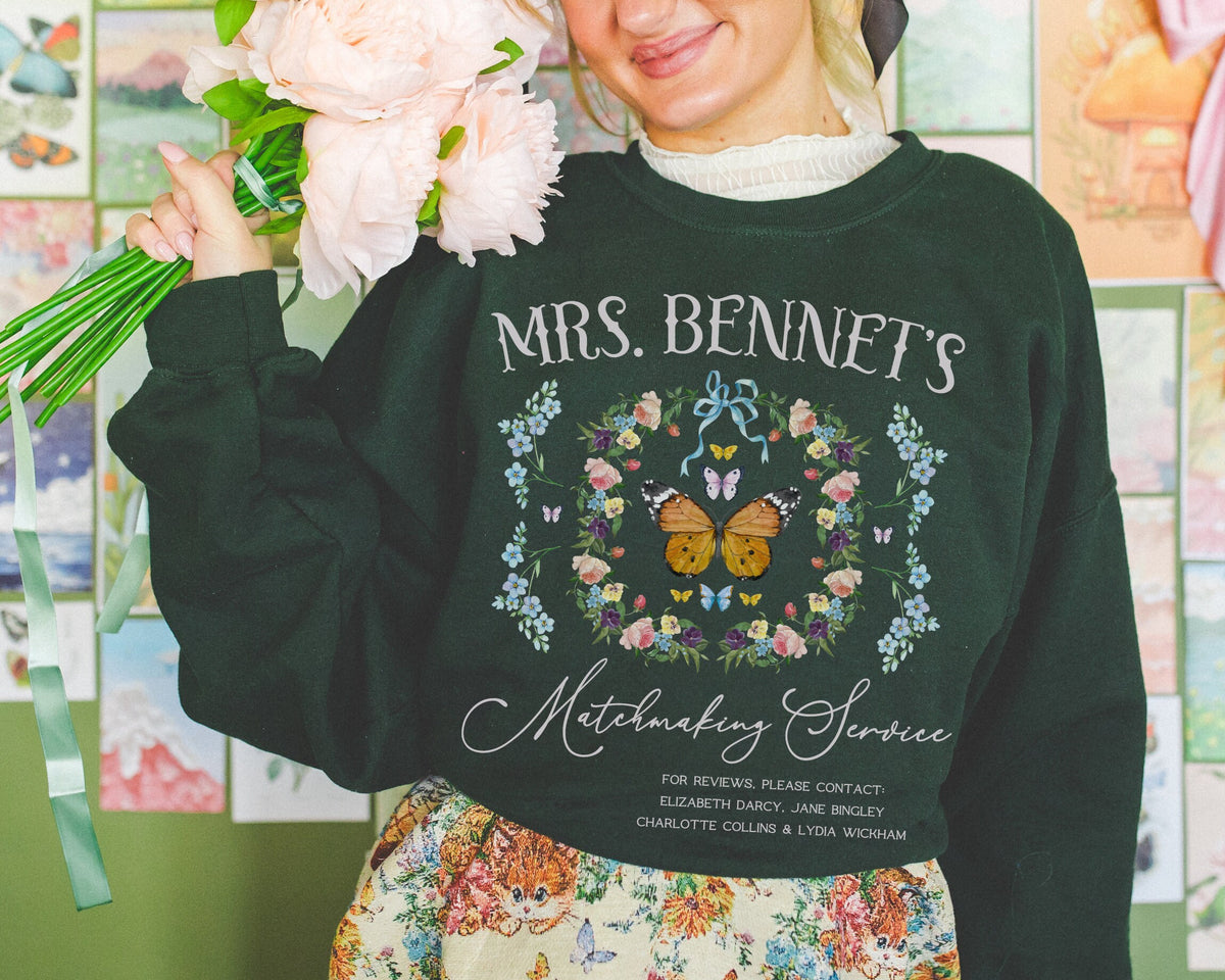 Funny Pride and Prejudice Sweatshirt for Reader Who Loves Mrs Bennet Butterfly Lover Gift for Bookworm Cute Bookish Gift with Flowers Sweatshirt – Everyday Comfort · High-Quality Print