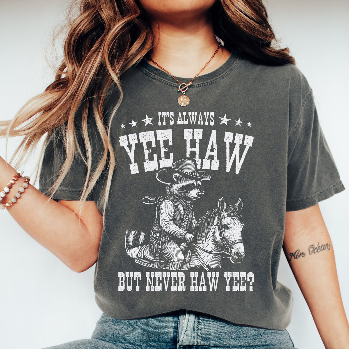 Funny Raccoon Tshirt Yee Haw But Never Haw Yee Western Graphic Tee Nashville Girls Trip Graphic Tee – Cozy Vibes · Trending Graphic Apparel