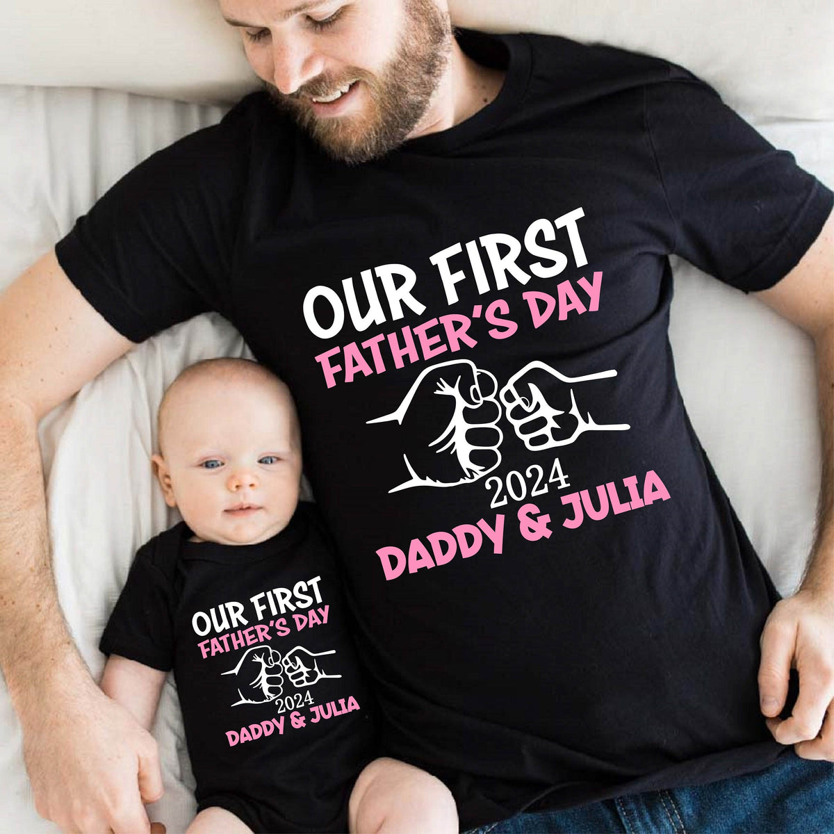 Our First Father39s Day Matching Shirt And Bodysuit Dad And Baby Girl Shirt Personalized Dad And Baby Shirts Custom 2024 Fathers Day Gift Graphic Tee – Cozy Vibes · Trending Graphic Apparel
