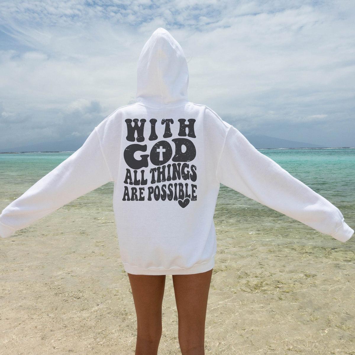 With God All things Are Possible Shirt Christian Shirt Religious Shirt Gift for Christian Religious Gift Print on the Back Hoodie Hoodie – Fan Favorite · Trending Graphic Apparel