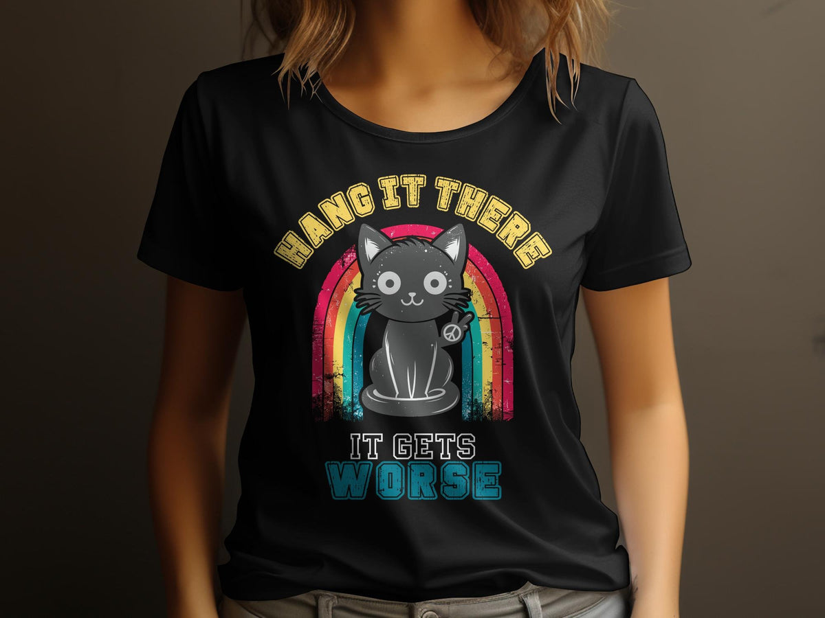 Hang In There Cat TShirt Vintage Rainbow Funny Quote Inspirational Message Trendy Graphic Tee Womens Tee Graphic Tee – Fan Favorite · Trending Graphic Apparel