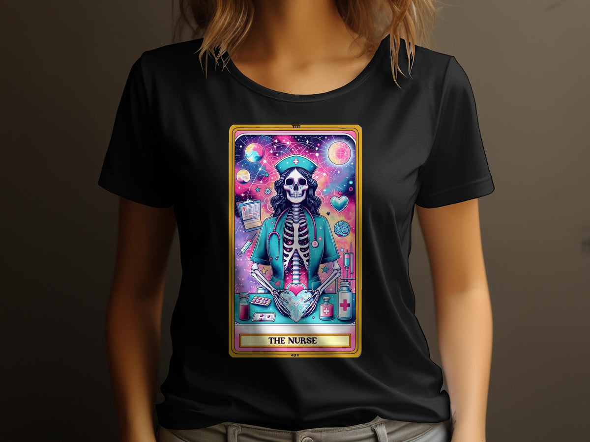 Tarot Card Nurse TShirt Skeleton Medical Professional Colorful Gothic Nurse Tee Womens Graphic Shirt Graphic Tee – Fan Favorite · High-Quality Print