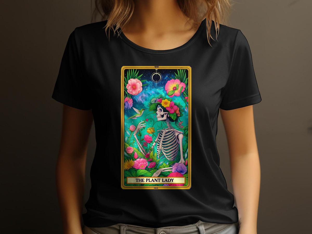 Tarot Card Inspired TShirt The Plant Lady Skeleton Floral Design Unique Illustration Womens Tee Graphic Tee – Bold Style · Top Pick For Any Outfit