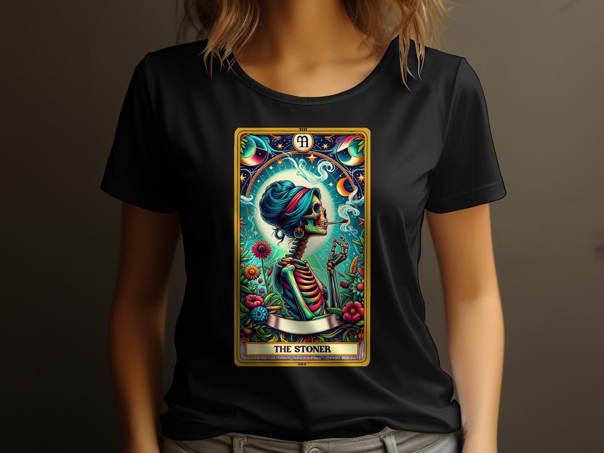 Vibrant Tarot Card TShirt The Stoner Skeleton and Flowers Design Womens Graphic Tee Colorful Artwork Top Astrology Fashion Graphic Tee – Warm & Stylish · Top Pick For Any Outfit