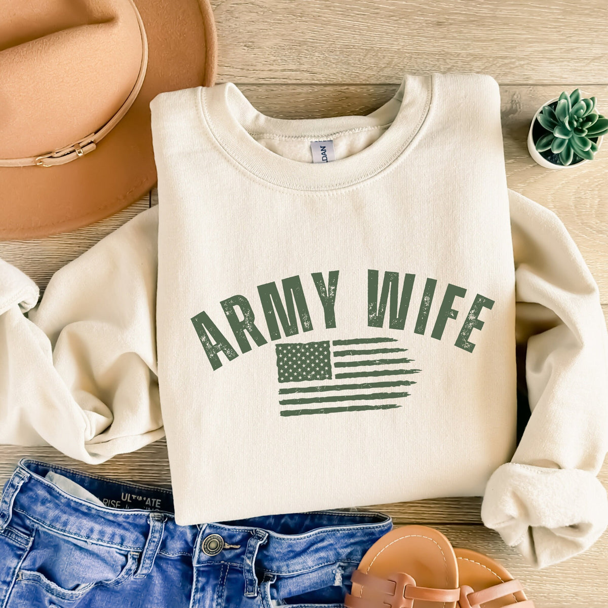 Army Wife Sweatshirt Military Spouse T Shirt With Camo Green Font and Distressed American Flag Design For Proud US Army Troop Supporter Sweatshirt – Warm & Stylish · Perfect For Daily Wear