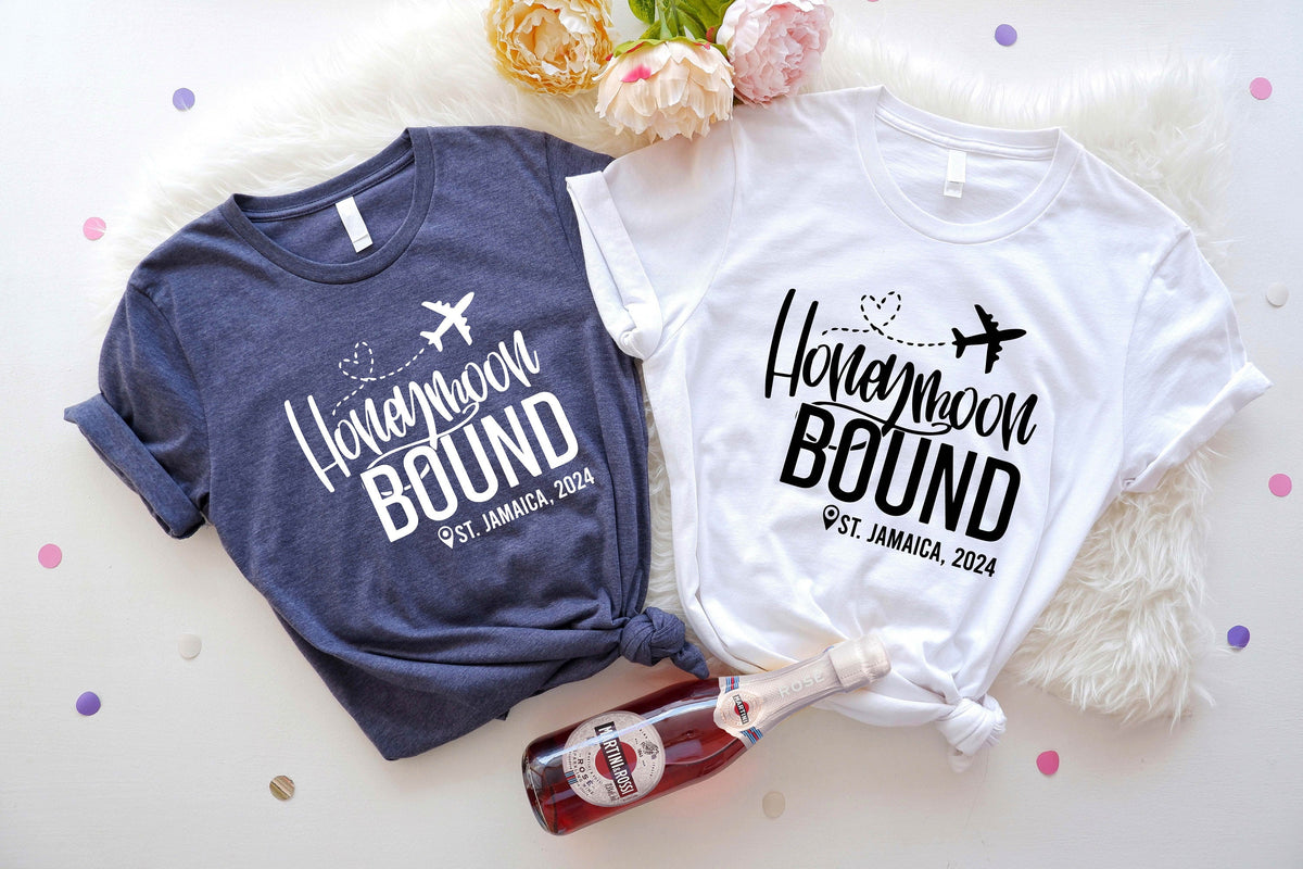 Honeymoon Bound Shirt Custom Honeymoon Vacation Shirt Personalized Honeymoon Location Shirts Newlywed Shirt Couple Matching T Shirt Graphic Tee – Premium Graphic · Great Gift For Fans