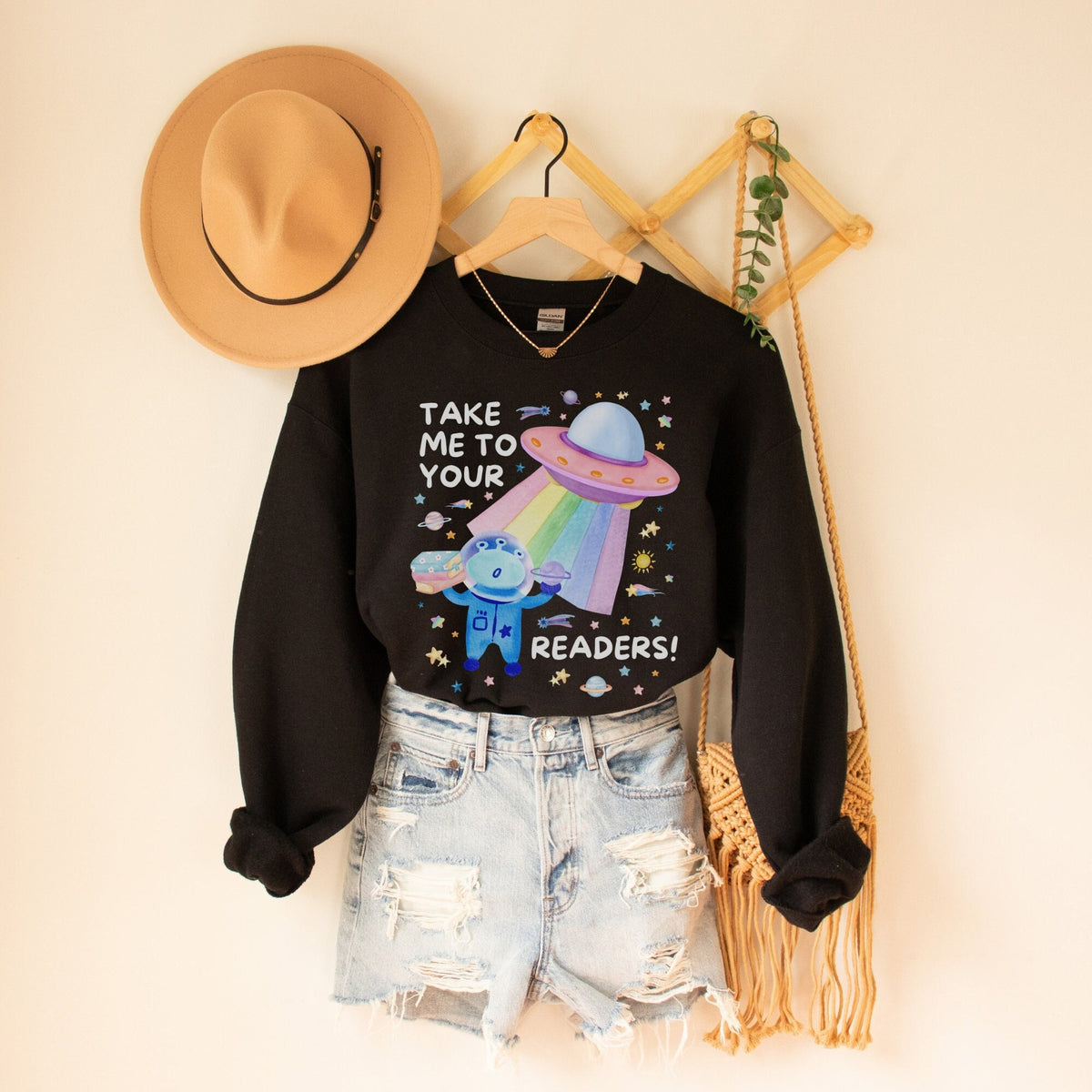 Adorable Book Lover Sweatshirt for Reader Who Loves Color and Awesome Outer Space Puns Take Me To Your Readers School Librarian or Teacher Sweatshirt – Easygoing Wear · High-Quality Print