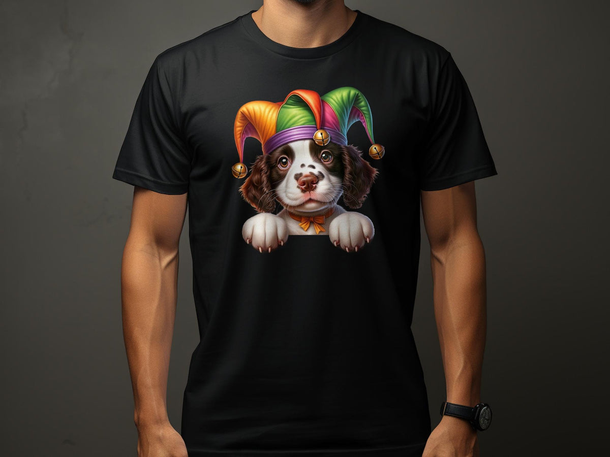 Cute English Springer Spaniel Dog Pup in Jester Hat TShirt Colorful Funny Puppy Graphic Tee Unique Animal Lover Gift Graphic Tee – Easygoing Wear · Top Pick For Any Outfit