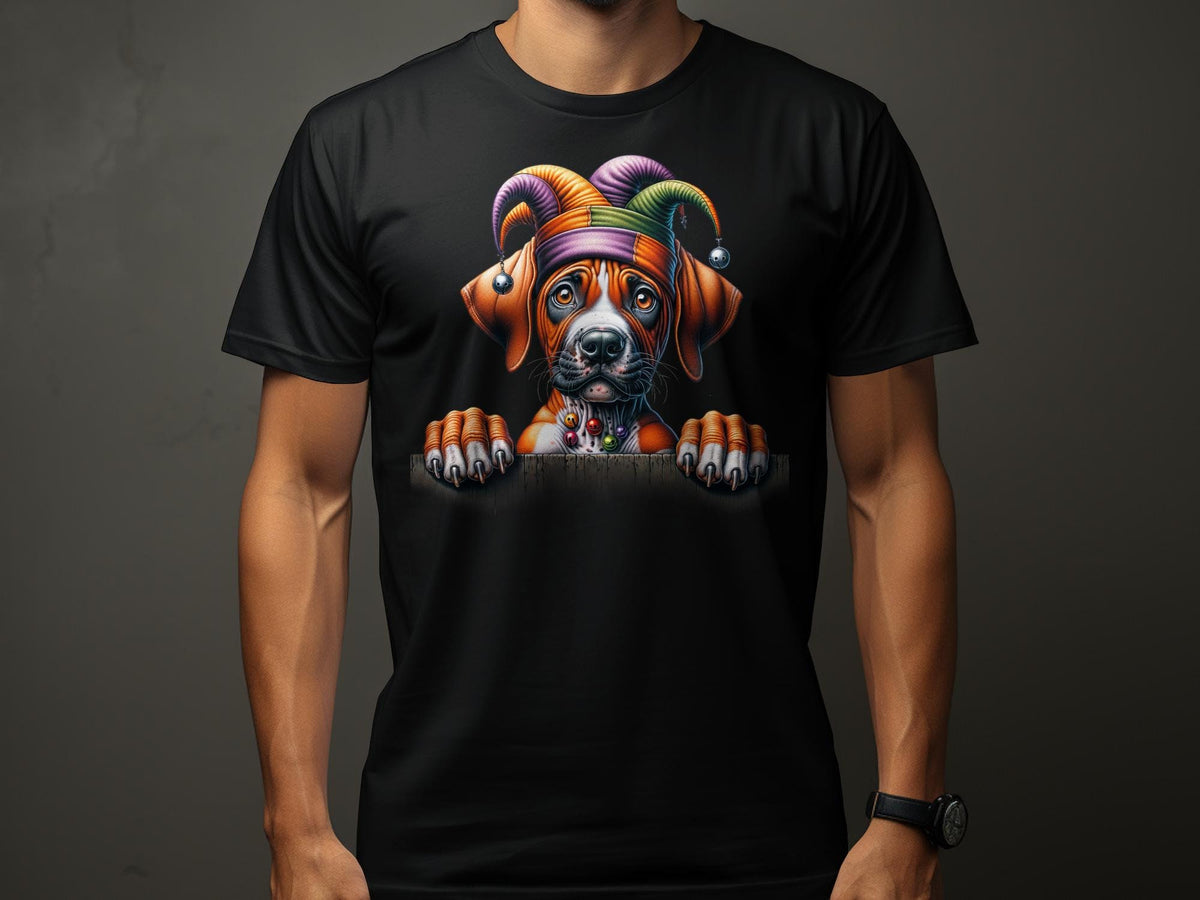 Cute Rhodesian Ridgeback Dog Pup in Jester Hat TShirt Funky Puppy Graphic Tee Colorful Pet Lover Gift Unisex Animal Apparel Graphic Tee – Warm & Stylish · Trending Graphic Apparel