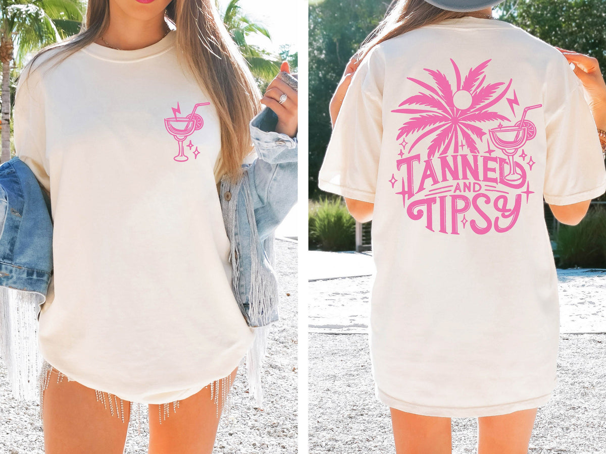 Tanned And Tipsy Shirt Summer Vibes T shirt Beach Holidays And Day Drinks Shirt Summer Beach Gift Front And Back Boho Tee Graphic Tee – Aesthetic Look · Great Gift For Fans