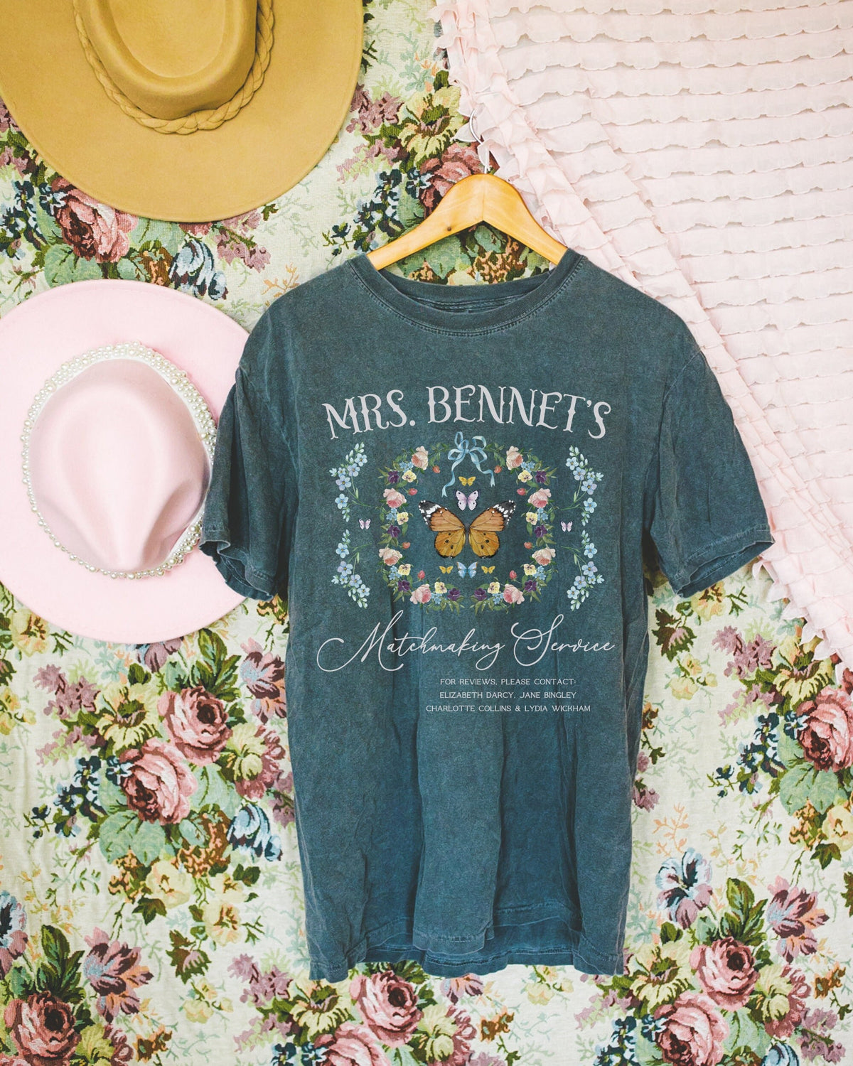 Funny Pride and Prejudice Tee Shirt for Reader Who Loves Mrs Bennet Butterfly Lover Gift for Bookworm Cute Bookish Gift with Flowers Graphic Tee – Cozy Vibes · Top Pick For Any Outfit