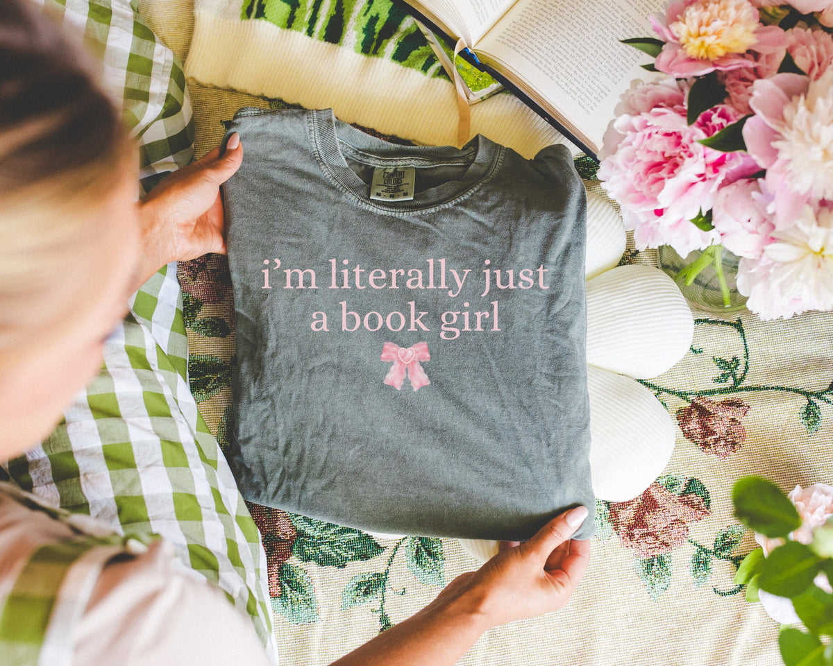 Cute Minimalist Book Lover Gift Idea I39m Literally Just A Book Girl Silly Bookworm TShirt with Coquette Bow Boho Y2K Aesthetic Bookish T Graphic Tee – Soft Feel · High-Quality Print