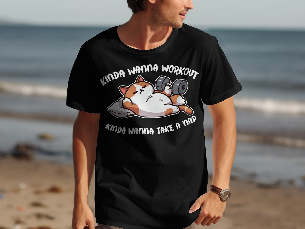 Kinda Wanna Workout Lazy Animal TShirt Funny Cat Ironing with Dumbbell Fitness Enthusiast Humor Nap Lover Cute Cat Graphic Tee Graphic Tee – Feel-Good Design · High-Quality Print