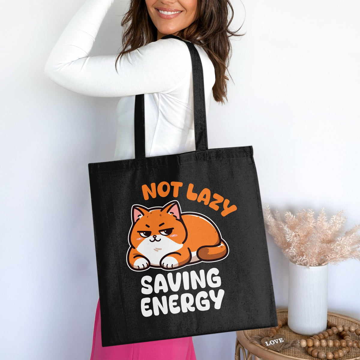 Lazy Design Tote Bag Funny Gift for Lazy People Not Lazy Saving Energy Cat Print Cute Cat Tote Bag EcoFriendly Shopping Bag Tote Bag – Aesthetic Look · Trending Graphic Apparel
