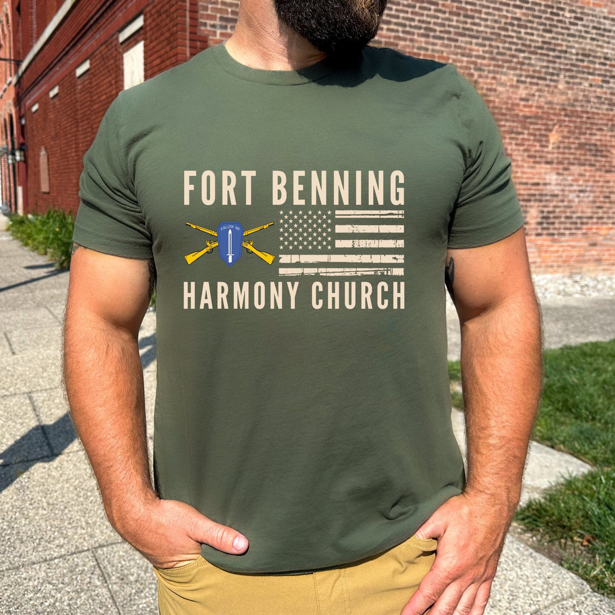 Fort Benning Harmony Church Shirt with American Flag Army Cross Rifle Insignia Come Follow Me Military Green Hoodie Infantry Men US Army Hoodie – Aesthetic Look · High-Quality Print