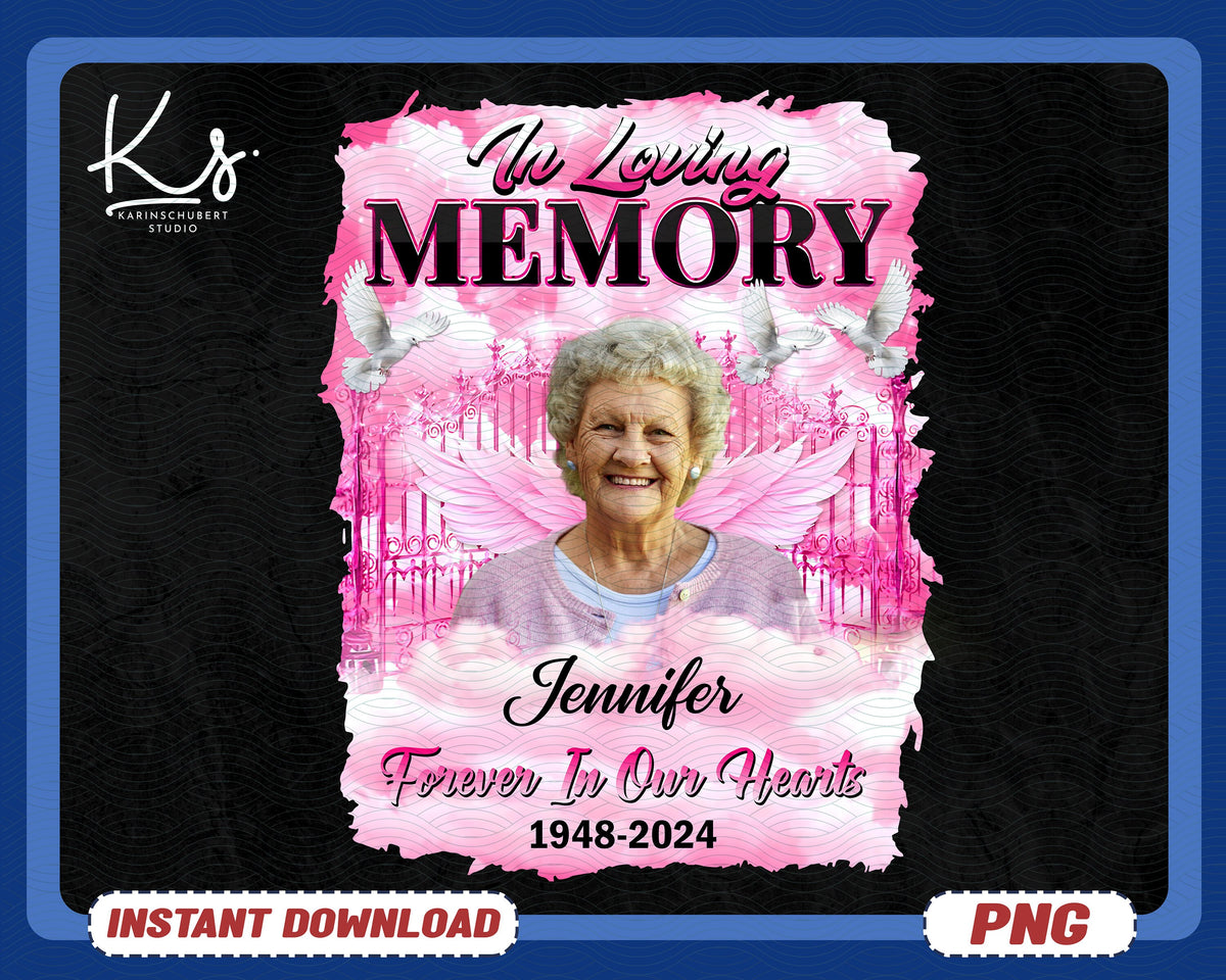 In Loving Memory Png Center T shirt Design Memorial Pinky Purple Heaven RIP Funeral Background Png Rest In Peace Forever In Our Hearts Graphic Tee – Feel-Good Design · High-Quality Print