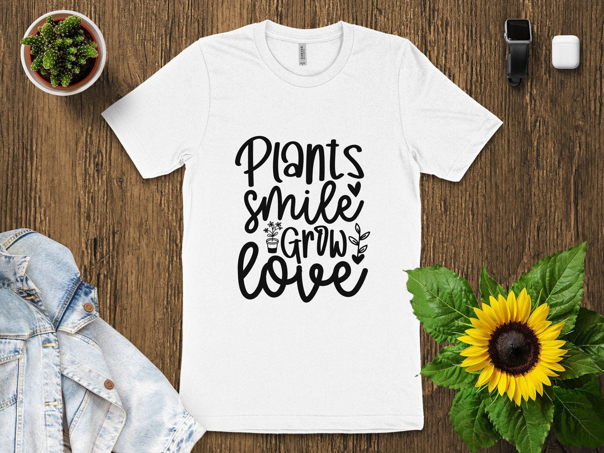 Plants Smile Grow Love T Shirt Botanical Positive Quote Tee Cute Plant Lover Shirt Gardening Enthusiast Gift Floral Graphic Tee Graphic Tee – Premium Graphic · Trending Graphic Apparel