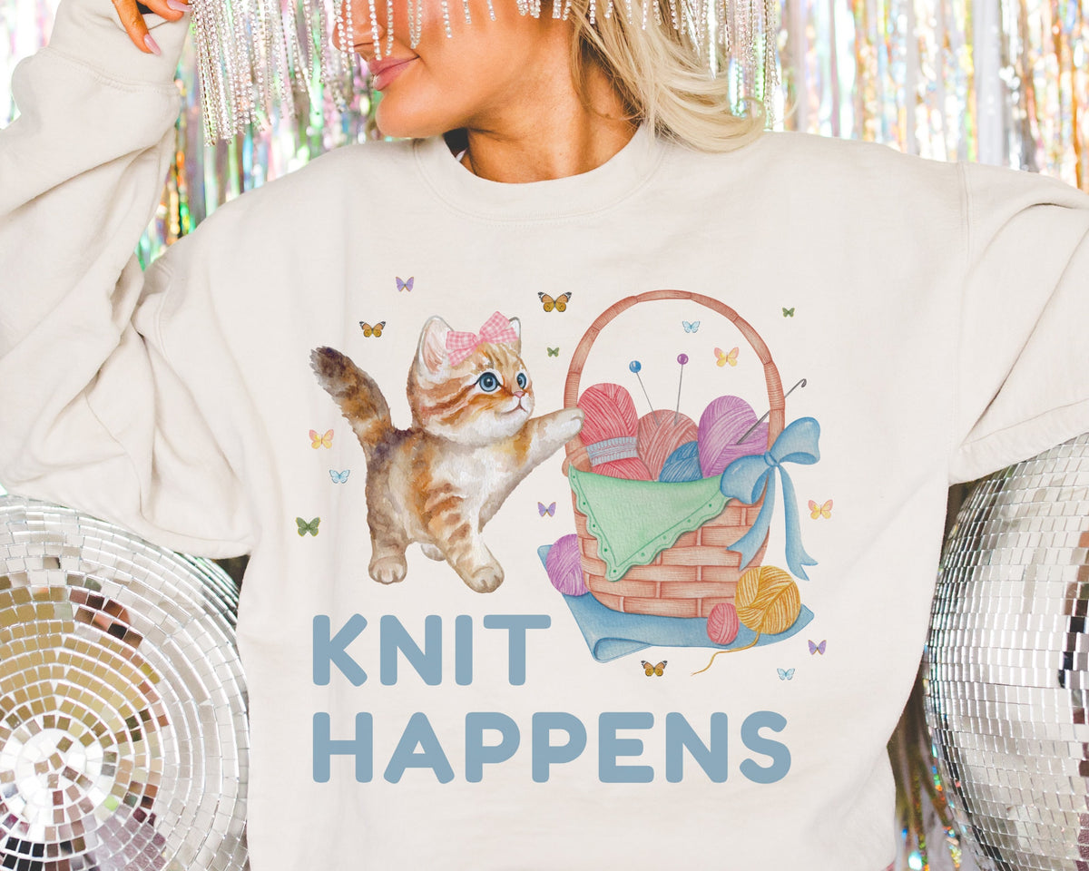 Funny Knitting Sweatshirt for Friend Who Loves Knitting Knit Happens Funny Cat Mom Cat Dad Shirt Cute 90s Throwback Vintage Aesthetic Sweatshirt – Premium Graphic · Top Pick For Any Outfit