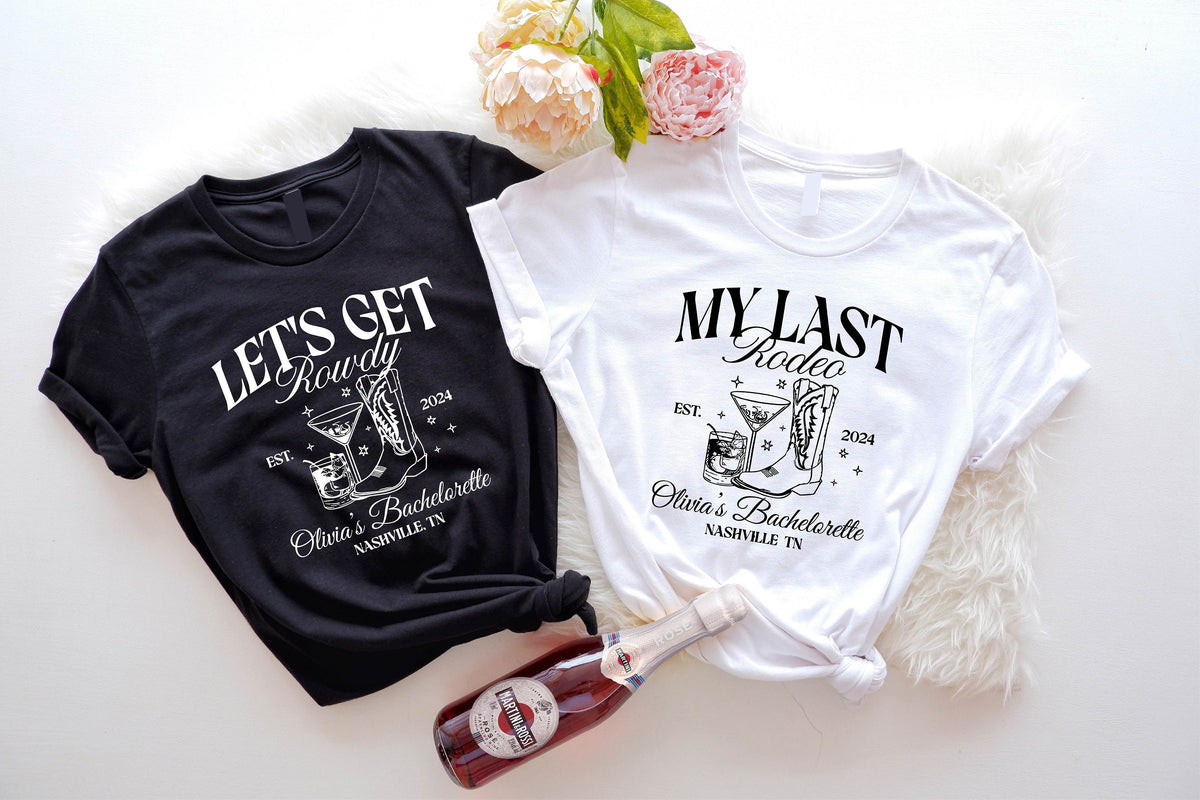 Nashville Bachelorette Shirts Custom Last Rodeo Bachelorette Shirts Western Bridal Party Shirt Personalized Location Shirt Western Bride Graphic Tee – Premium Graphic · High-Quality Print