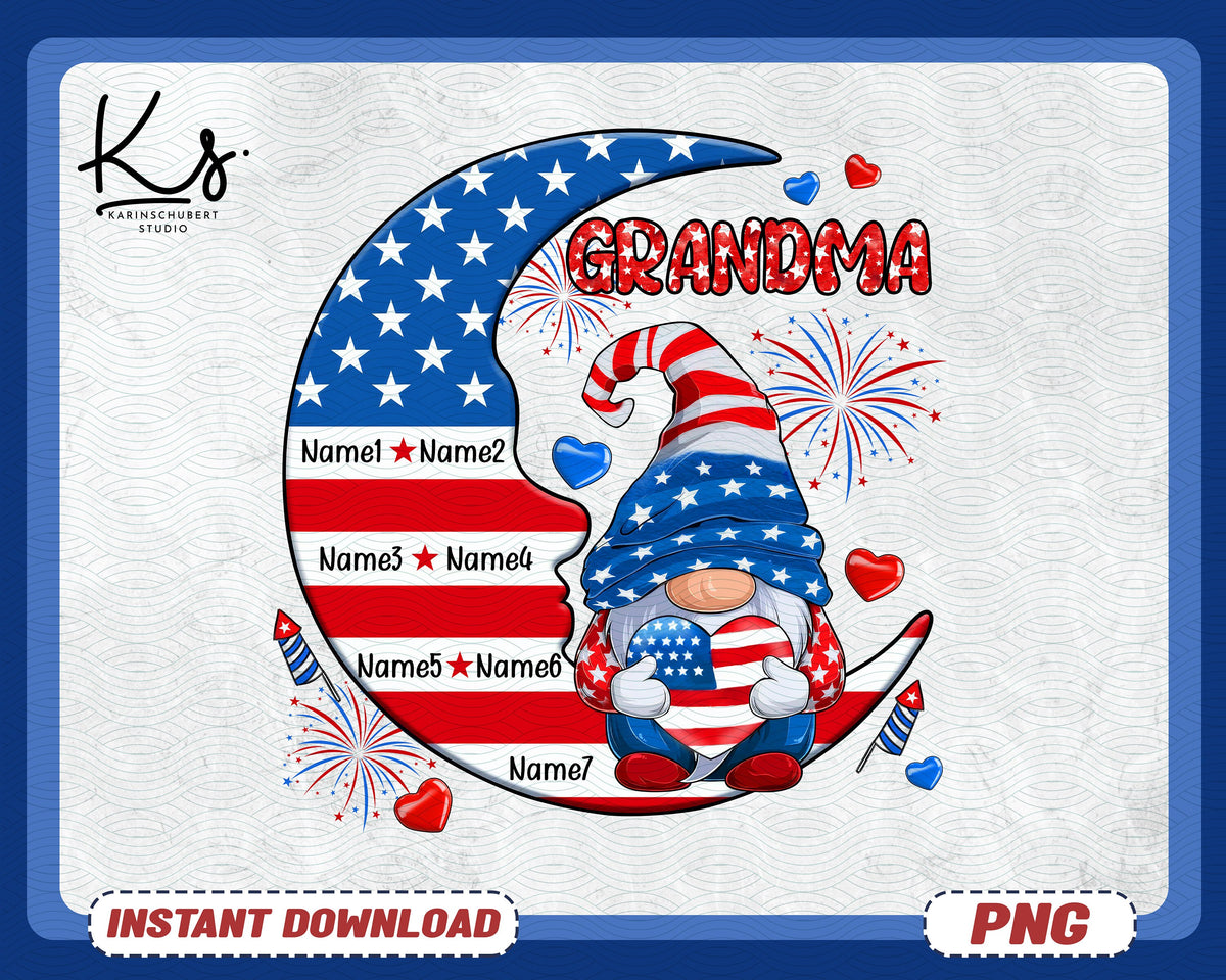 Personalized American Gnome Grandma Mom Sitting On Moon Png 4th Of July Gnome Png Independence Day Png Gnome Png Patriotic Gnomes Png Graphic Tee – Aesthetic Look · Perfect For Daily Wear
