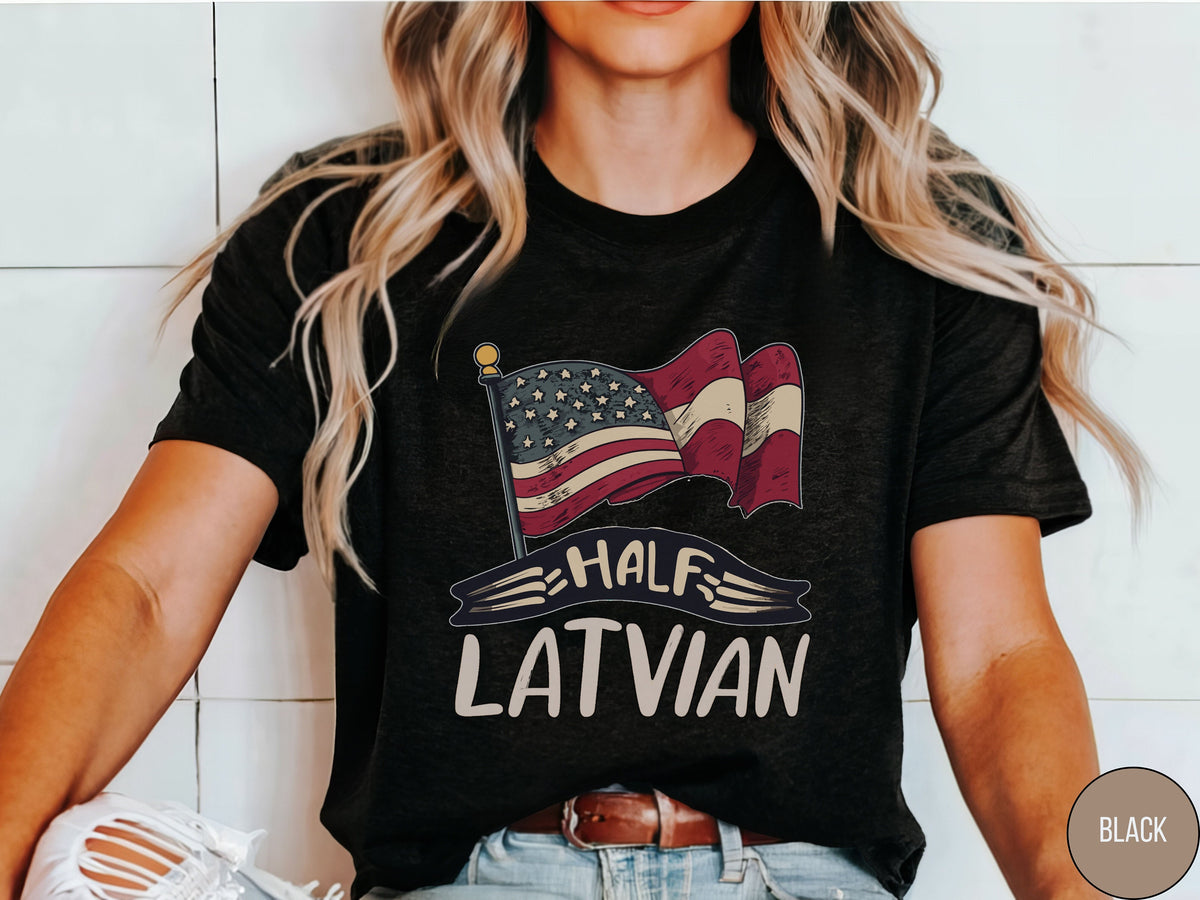 Latvian shirt Half Latvian shirt Latvia Flag shirt Latvian heritage Tshirt Riga Skyline Shirt gift for latvian Latvia Landmark Latvian Gift Graphic Tee – Soft Feel · Perfect For Daily Wear