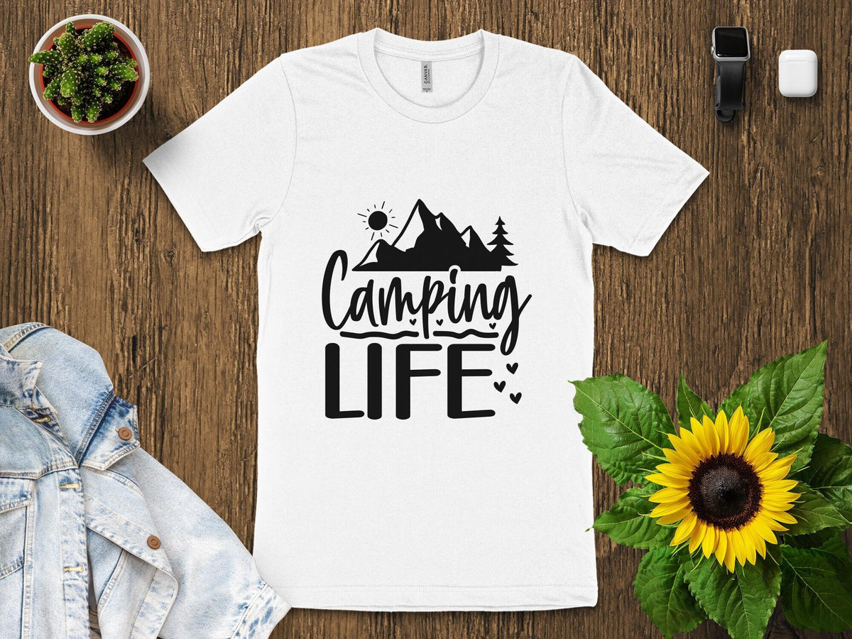 Camping Life Graphic Tee Mountain and Sun Nature Lover T Shirt Outdoor Adventure Unisex Shirt Casual Hiking Apparel Graphic Tee – Warm & Stylish · High-Quality Print