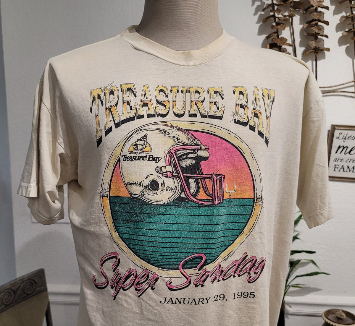 Vintage 90s Treasure Bay Super Sunday January 291995 beige Tshirt size XL Graphic Tee – Feel-Good Design · Trending Graphic Apparel