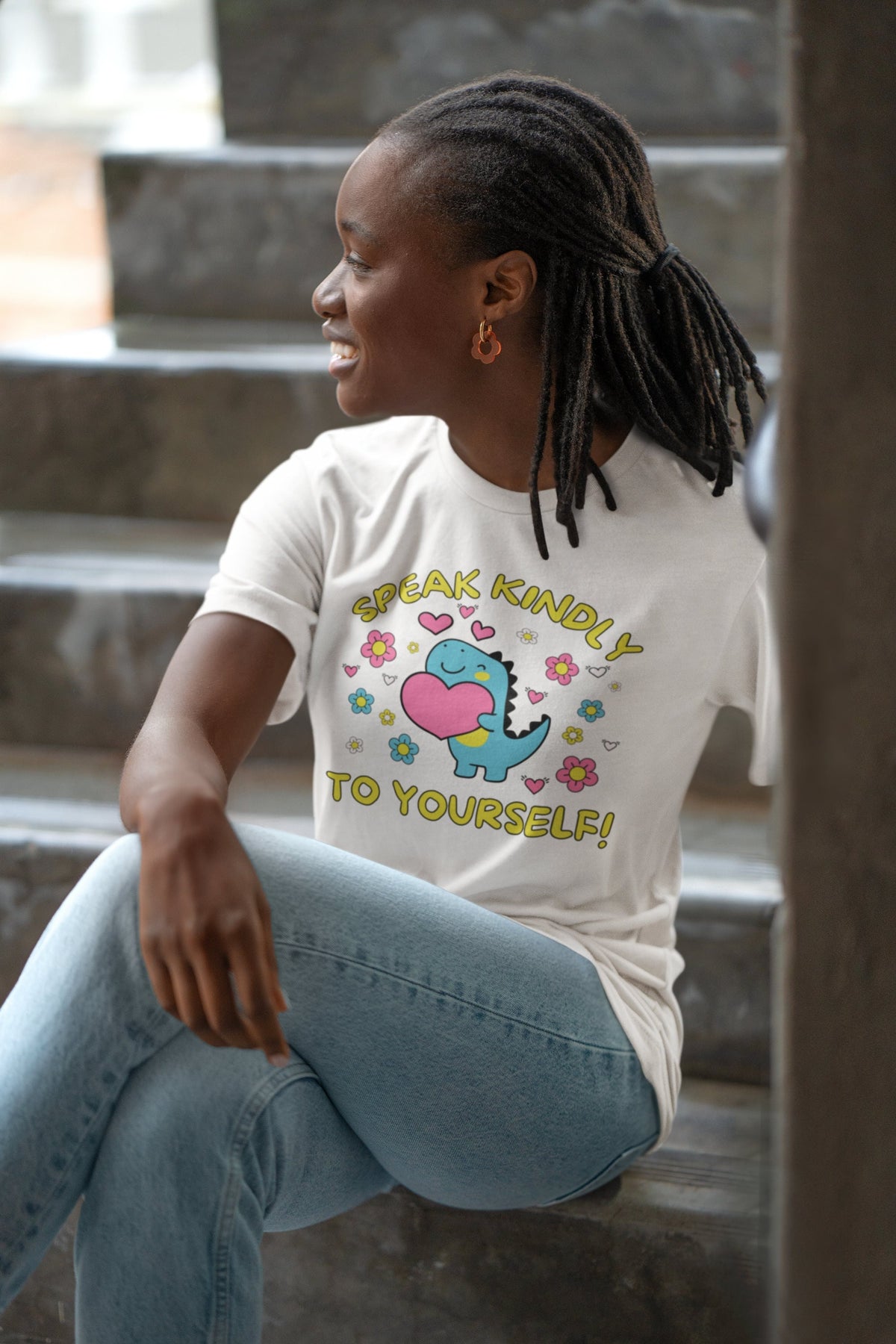 Cute Dinosaur Lover Tee Shirt for Elementary School Teacher Speak Kindly To Yourself Adorable Y2K Aesthetic TShirt for Science Teacher Graphic Tee – Soft Feel · Perfect For Daily Wear