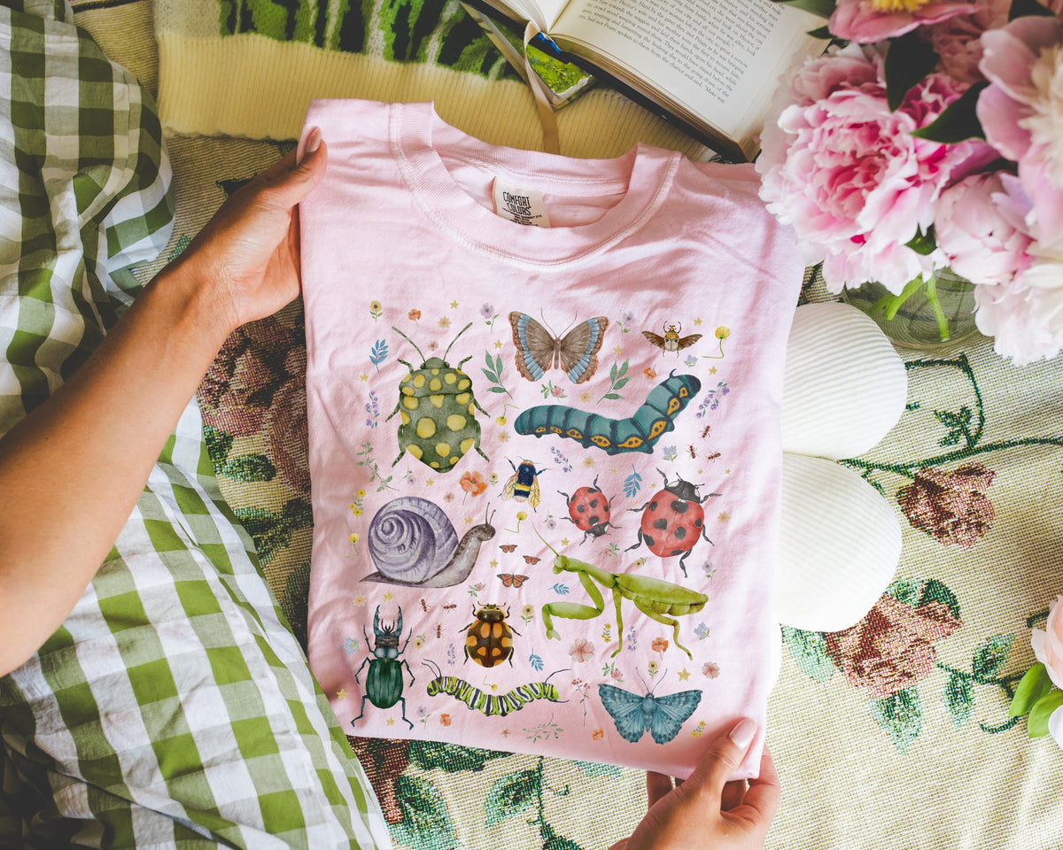 Boho Insect Tee Shirt for Entomologist Cute Birthday Gift for Friend Who Loves Bugs 90s Throwback Eclectic Grandma TShirt with Flowers Graphic Tee – Aesthetic Look · Must-Have Style