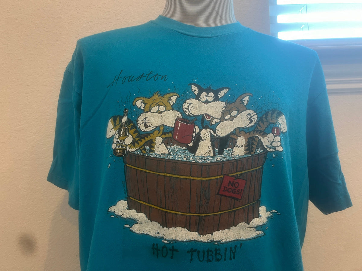 Vintage 8039s Hot Tubbin Cats Houston TX Blue T Shirt Size XL Graphic Tee – Premium Graphic · High-Quality Print