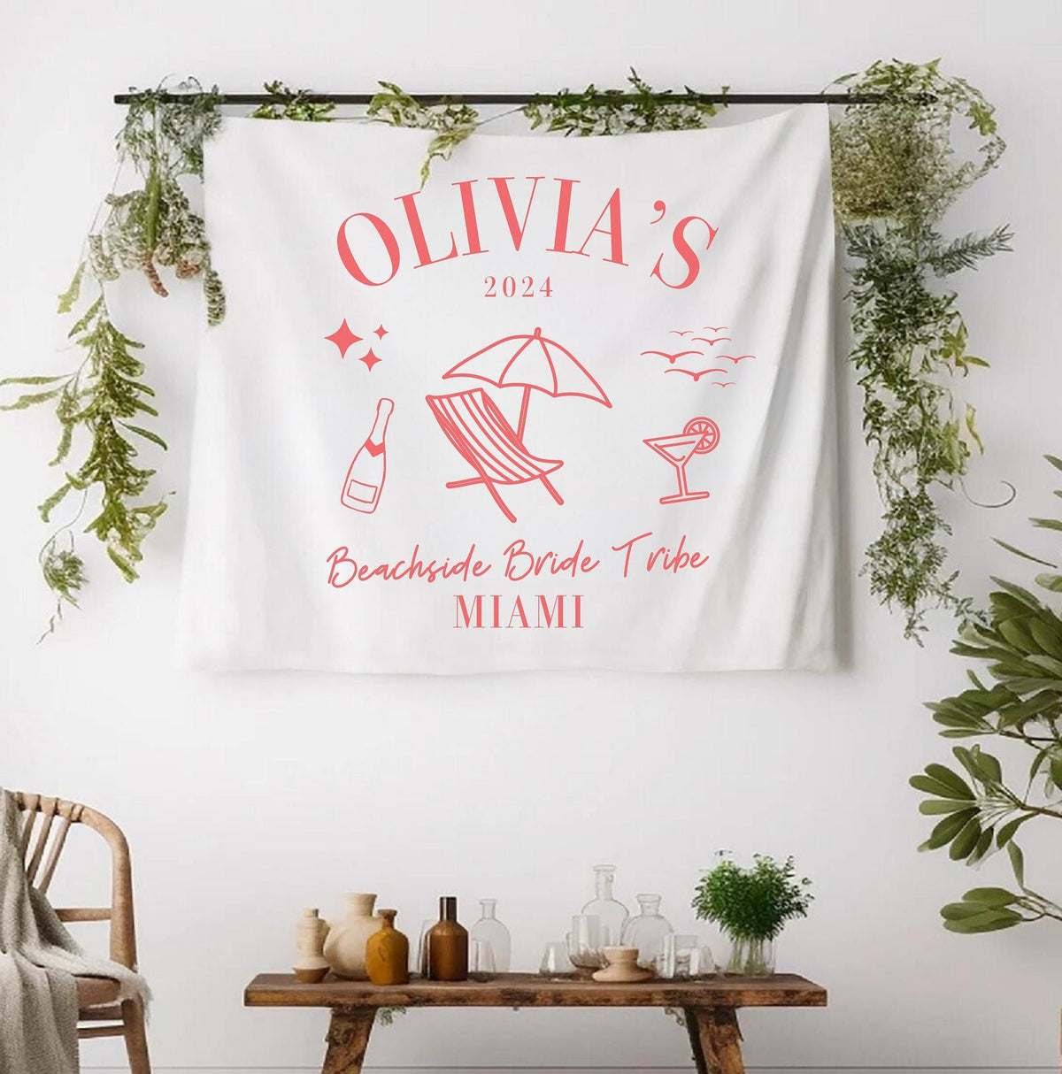 Beachside Bride Tribe Miami Bach Banner Tapestry Custom Bridal Coastal Bach Banner Bachelorette Weekend Backdrop Bridal Party Welcome Graphic Tee – Warm & Stylish · Great Gift For Fans