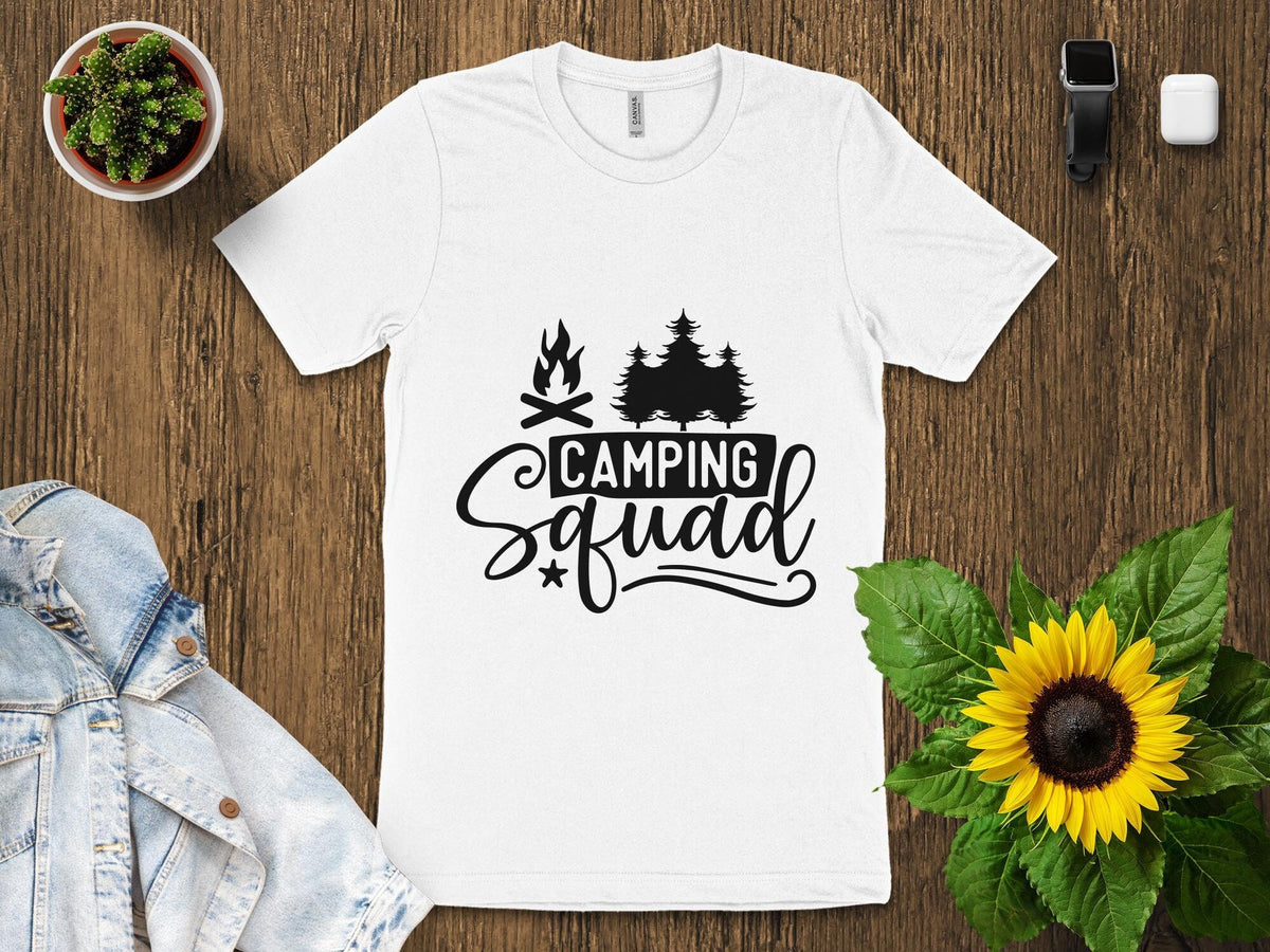 Camping Squad T Shirt Outdoor Adventure Tee Unisex Campfire Graphic Shirt Gift for Camper Nature Lover Outfit Forest Trees Design Graphic Tee – Bold Style · Must-Have Style