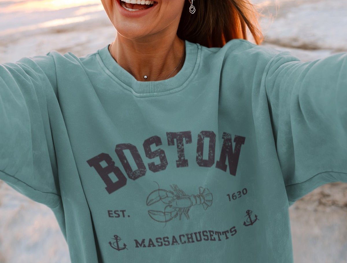 Boston Lobster Beach Crewneck Sweatshirt Gift Nautical Massachusetts Garment Dyed Pullover Souvenir Sweatshirt – Aesthetic Look · High-Quality Print