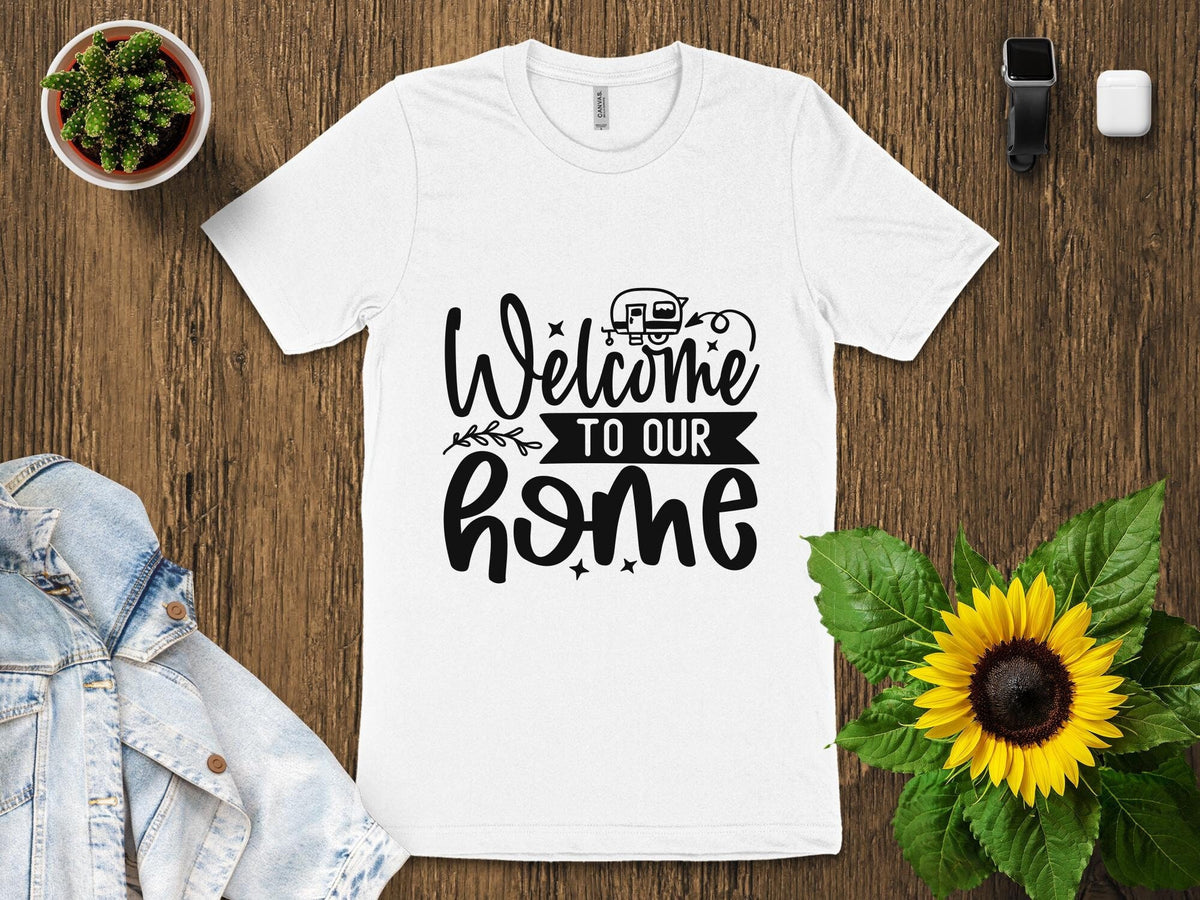 Welcome to Our Home Camping Trailer Graphic T Shirt Casual Family Tee Unisex RV Travel Shirt Outdoor Adventure Apparel Gift for Campers Graphic Tee – Everyday Comfort · High-Quality Print