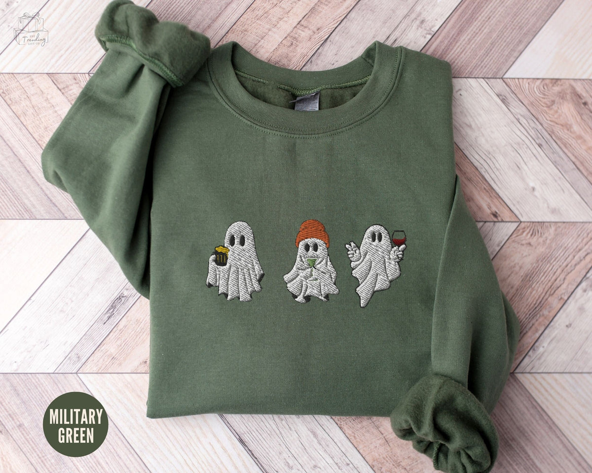 Embroidered Ghost Boo Sweatshirt Halloween Sweatshirt Cute Ghost Shirt Ghost With Cocktails Boojie Ghost Shirt Beer Wine Martini Gift Sweatshirt – Feel-Good Design · Trending Graphic Apparel