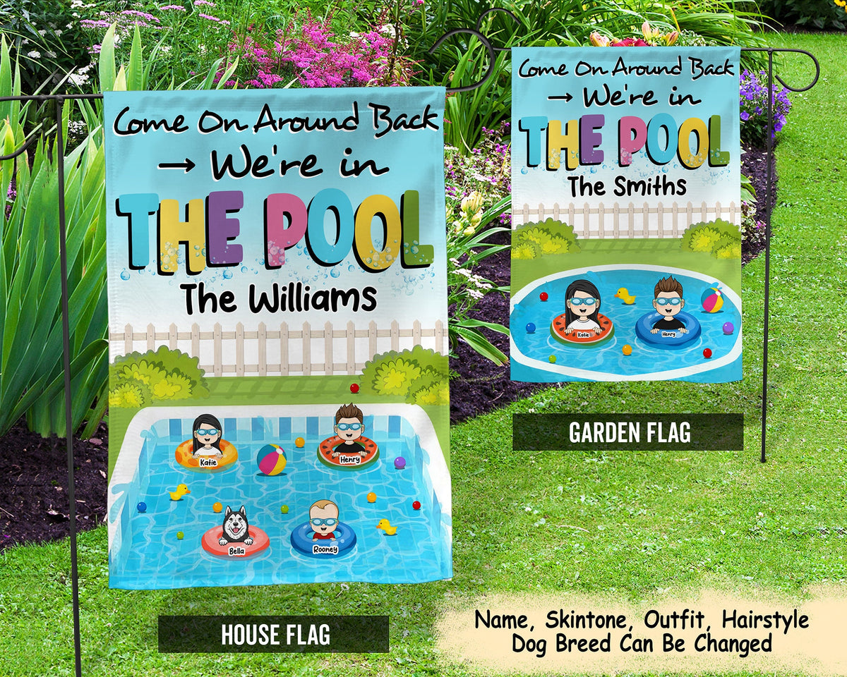 We39re In The Pool Family Child With Dogs Swimming Pool Garden Flag Personalized Custom Flag Summer Yard Art Flag for Poolside Graphic Tee – Easygoing Wear · Trending Graphic Apparel