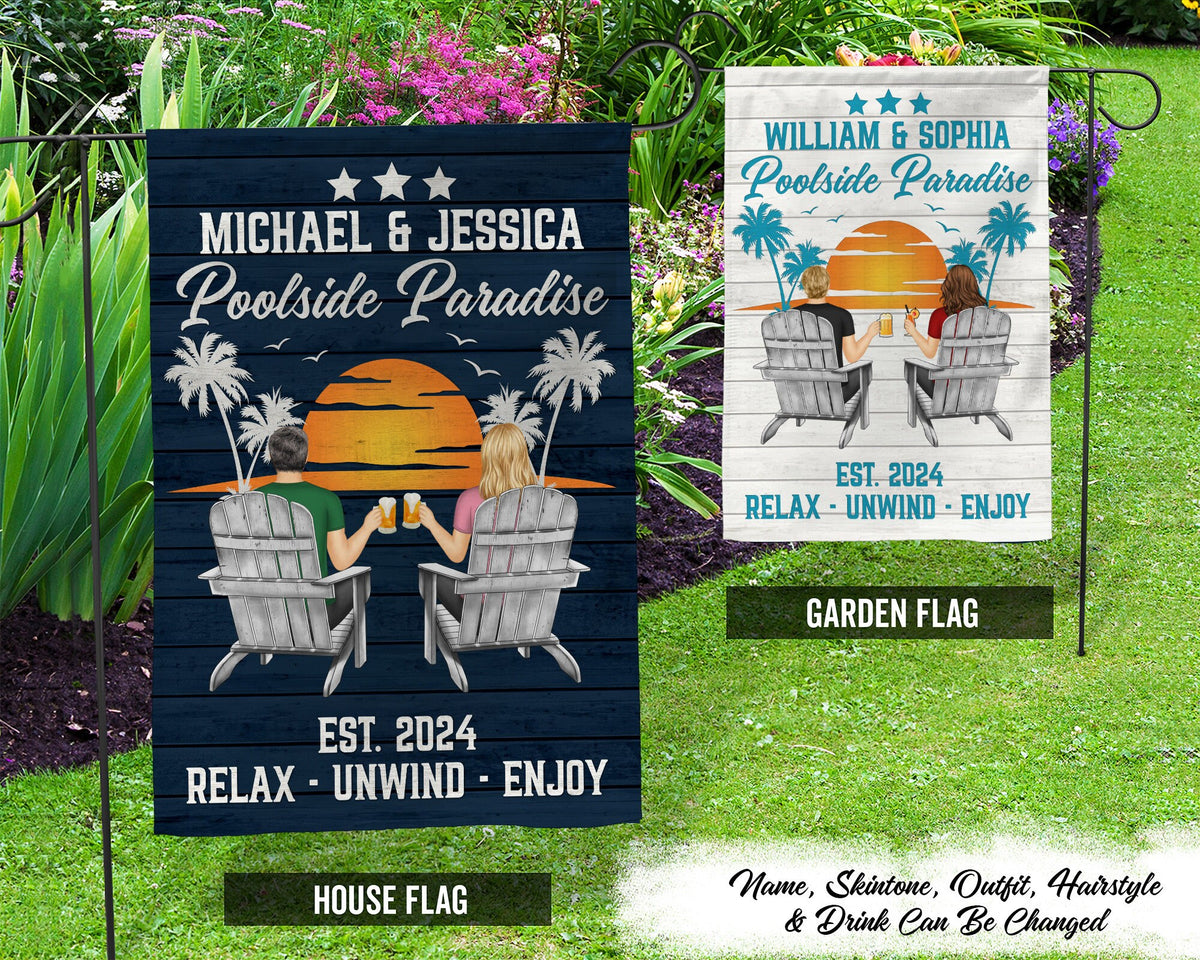 Poolside Paradise Personalized Flag Relax Unwind Enjoy Poolside Flag Tropical Oasis Pool Flag Palm Tree Welcome FlagPoolside Decor Graphic Tee – Bold Style · High-Quality Print