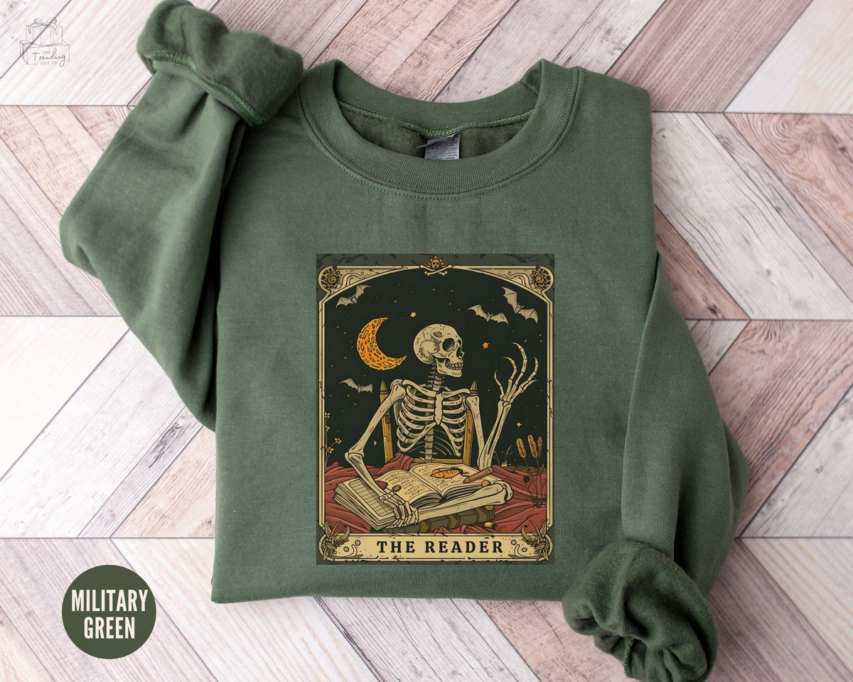 The Reader Tarot Card Shirt Skeleton Reading Sweatshirt Unisex Tarot Card Shirt Book Lover Gift Bookish Sweater Bookworm Crewneck Sweatshirt – Easygoing Wear · Top Pick For Any Outfit