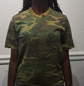 Vintage 80s Green Camo Pocket Camouflage Tshirt modeled size S Graphic Tee – Soft Feel · High-Quality Print