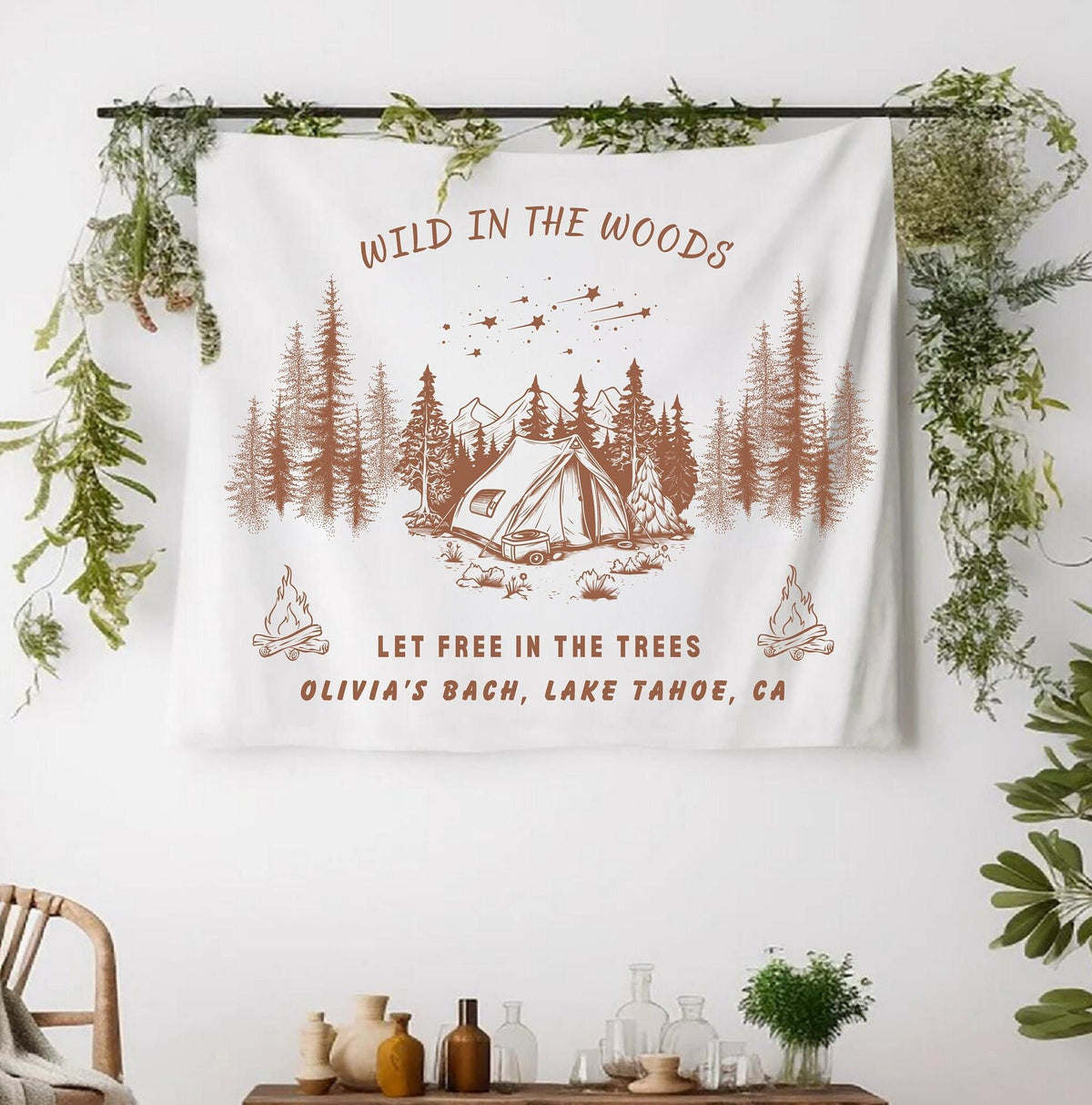 WILD IN THE woods bachelorette banner Camp Bach Flag Banner Custom Bach Tapestry Bachelorette Cabin Flag Bachelorette Camping Decor Graphic Tee – Bold Style · High-Quality Print
