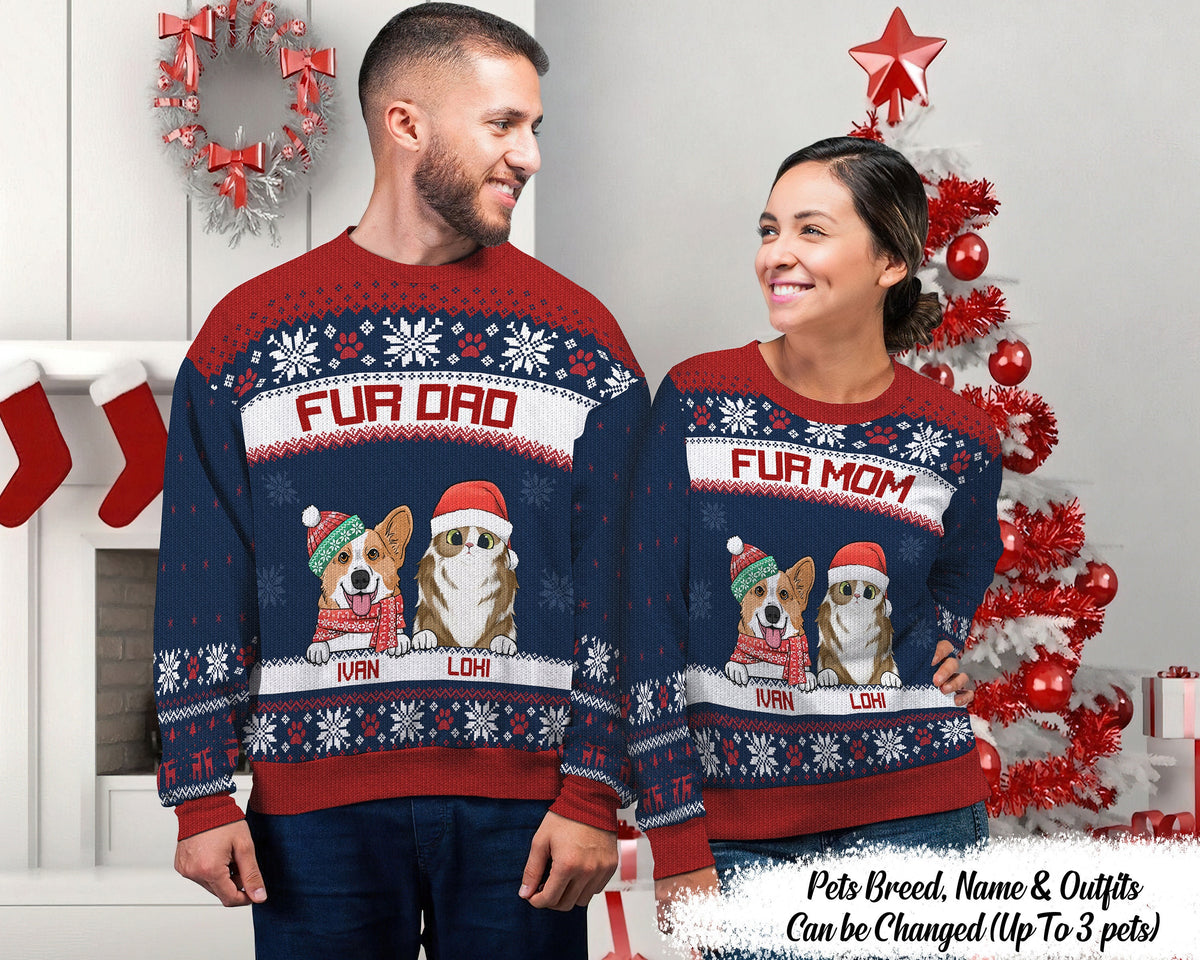 Merry Christmas Fur Mom Fur Dad Personalized Custom Unisex Ugly Sweatshirt Christmas Gift For Pet Lovers Pet Owners Pet Mom Pet Dad Sweatshirt – Premium Graphic · Great Gift For Fans