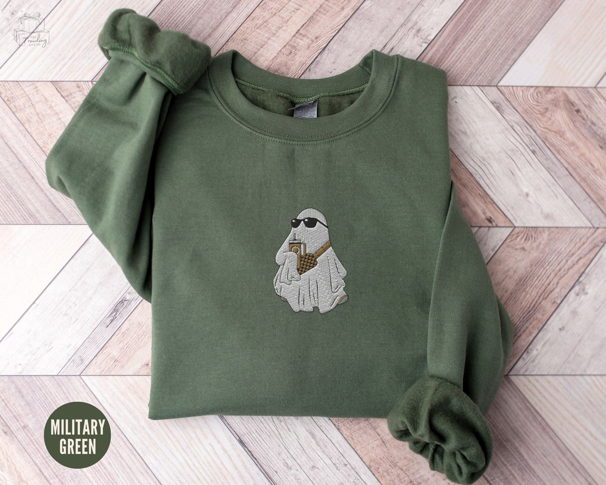 Embroidered Boojie Ghost Sweatshirt Halloween Sweatshirt Cute Ghost Shirt Ghost Drinking Stanley Halloween Crewneck Sweater Sweatshirt – Soft Feel · Top Pick For Any Outfit