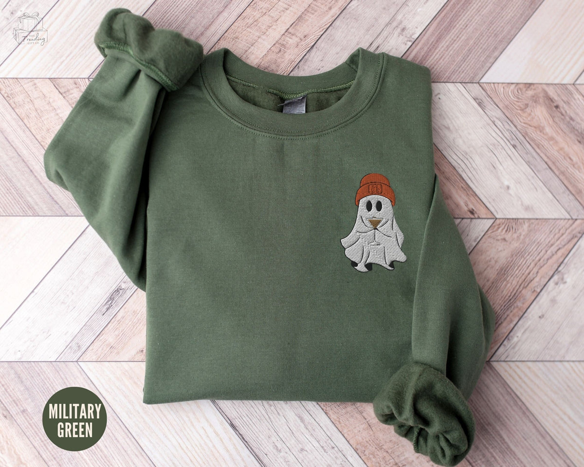 Embroidered Ghost with Martini Sweatshirt Halloween Coffee Lovers Gift Espresso Martini Cocktail Crewneck Little Ghost Alcoholic Gifts Sweatshirt – Aesthetic Look · Great Gift For Fans