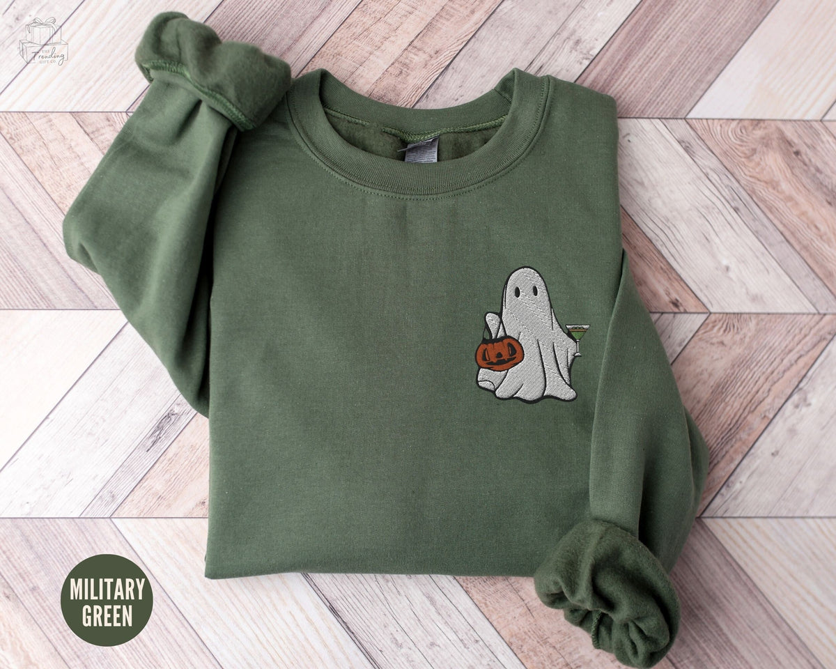 Embroidered Halloween Ghost Sweatshirt Dirty Martini Lover Gift Little Ghost Cocktail Crewneck Alcoholic Gifts Pumpkin Ghost Shirt Sweatshirt – Everyday Comfort · Perfect For Daily Wear